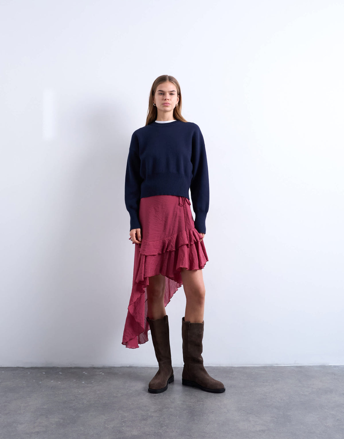 Topshop asymmetric hem frill detail midi skirt in rhubarb