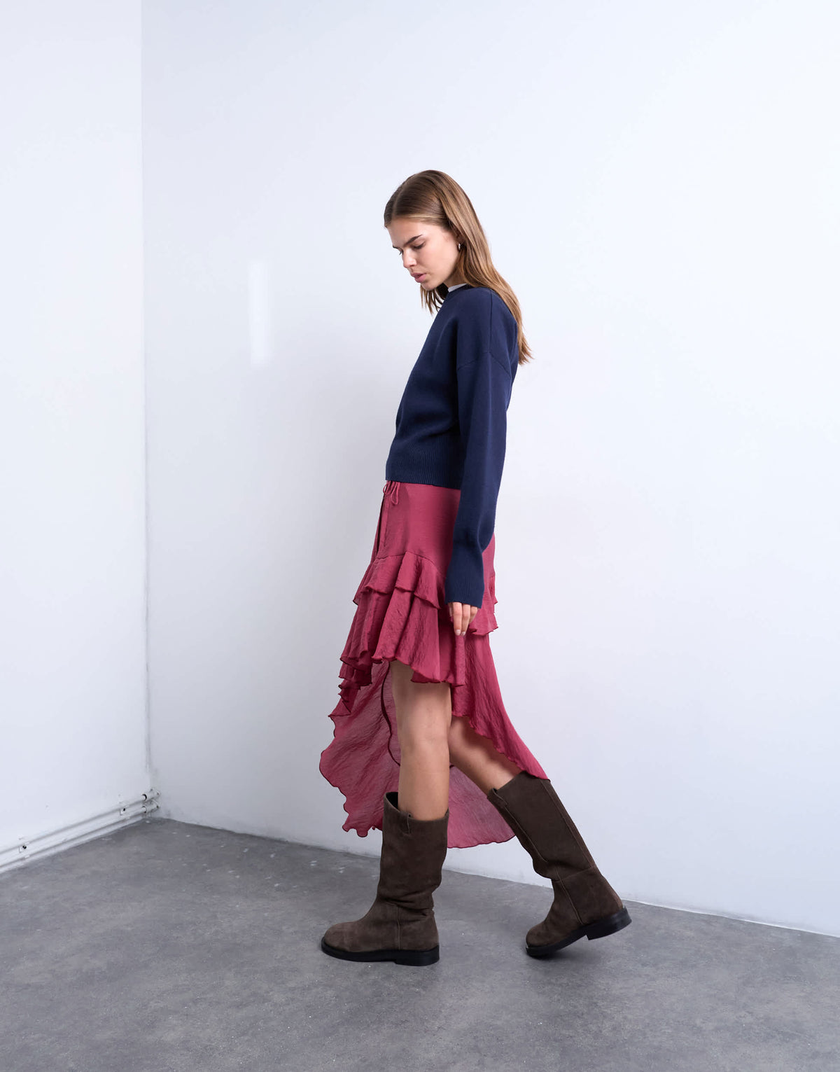 Topshop asymmetric hem frill detail midi skirt in rhubarb