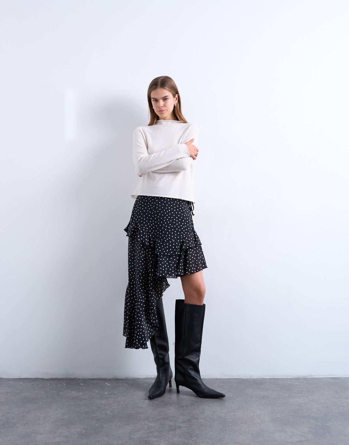 Topshop asymmetric hem frill detail midi skirt in black and white polka dot