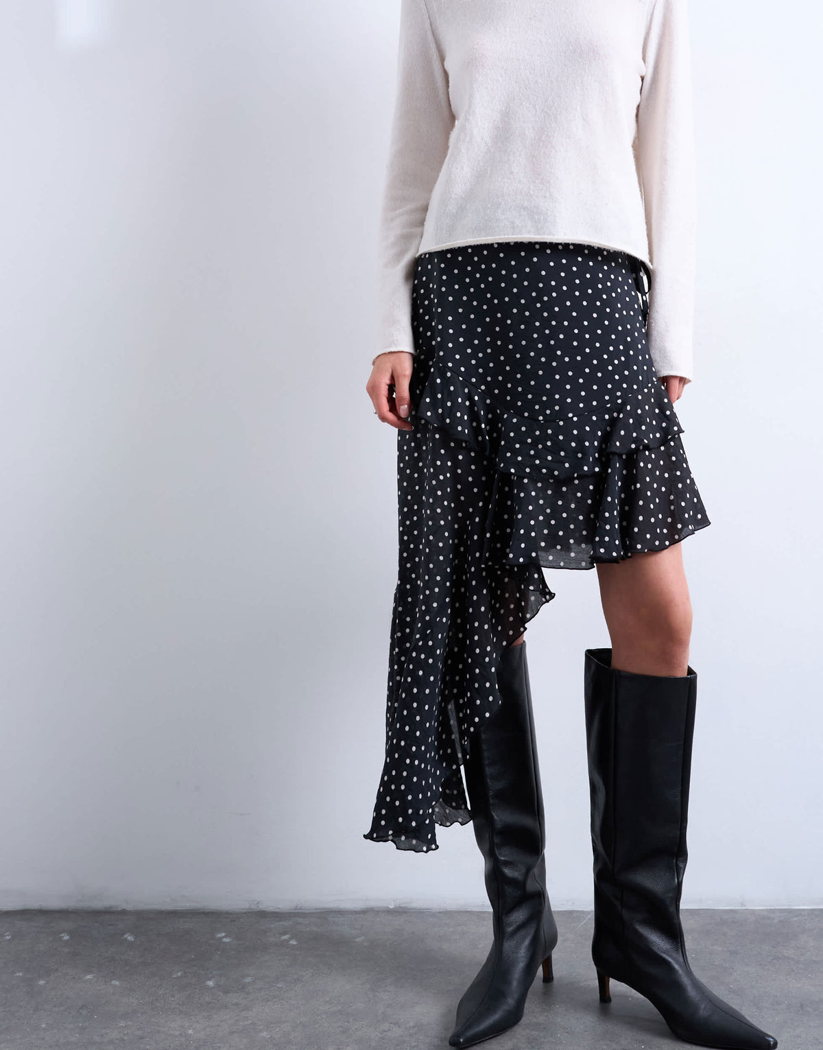 Topshop asymmetric hem frill detail midi skirt in black and white polka dot