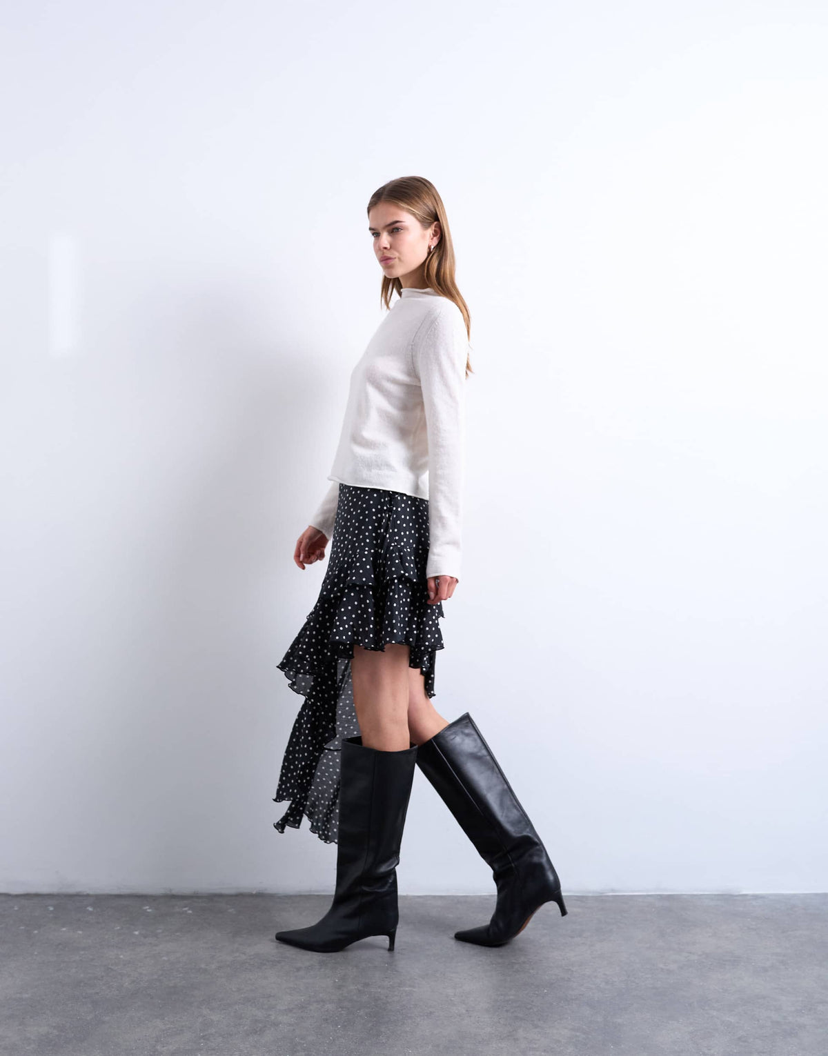 Topshop asymmetric hem frill detail midi skirt in black and white polka dot