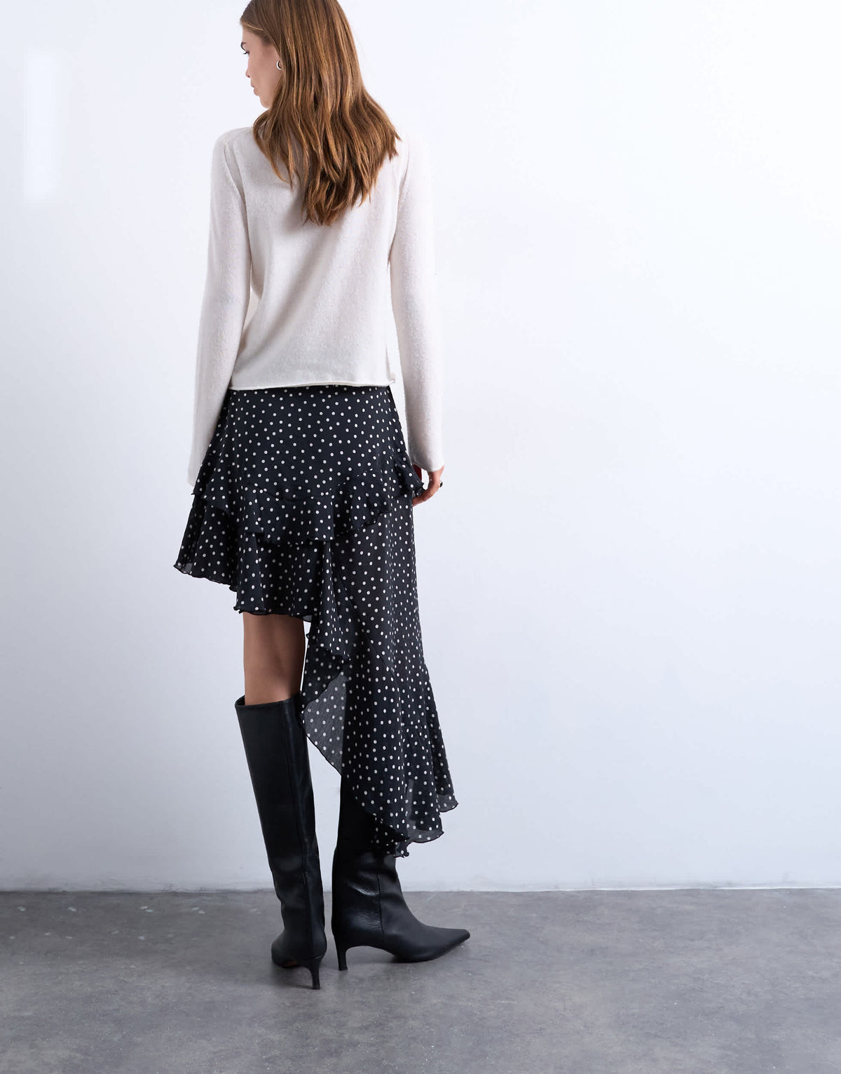 Topshop asymmetric hem frill detail midi skirt in black and white polka dot