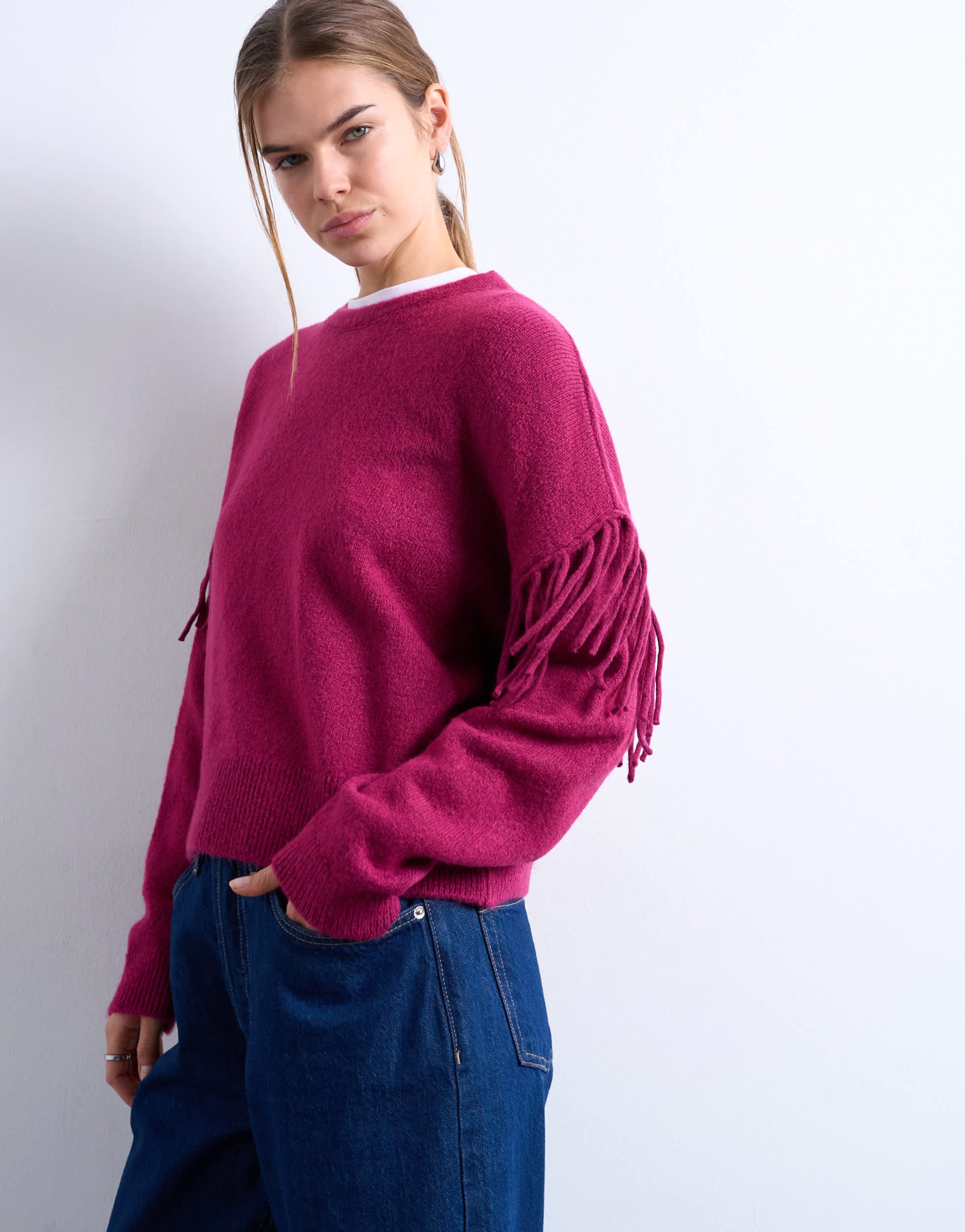 Topshop knitted fringe detail jumper in plum