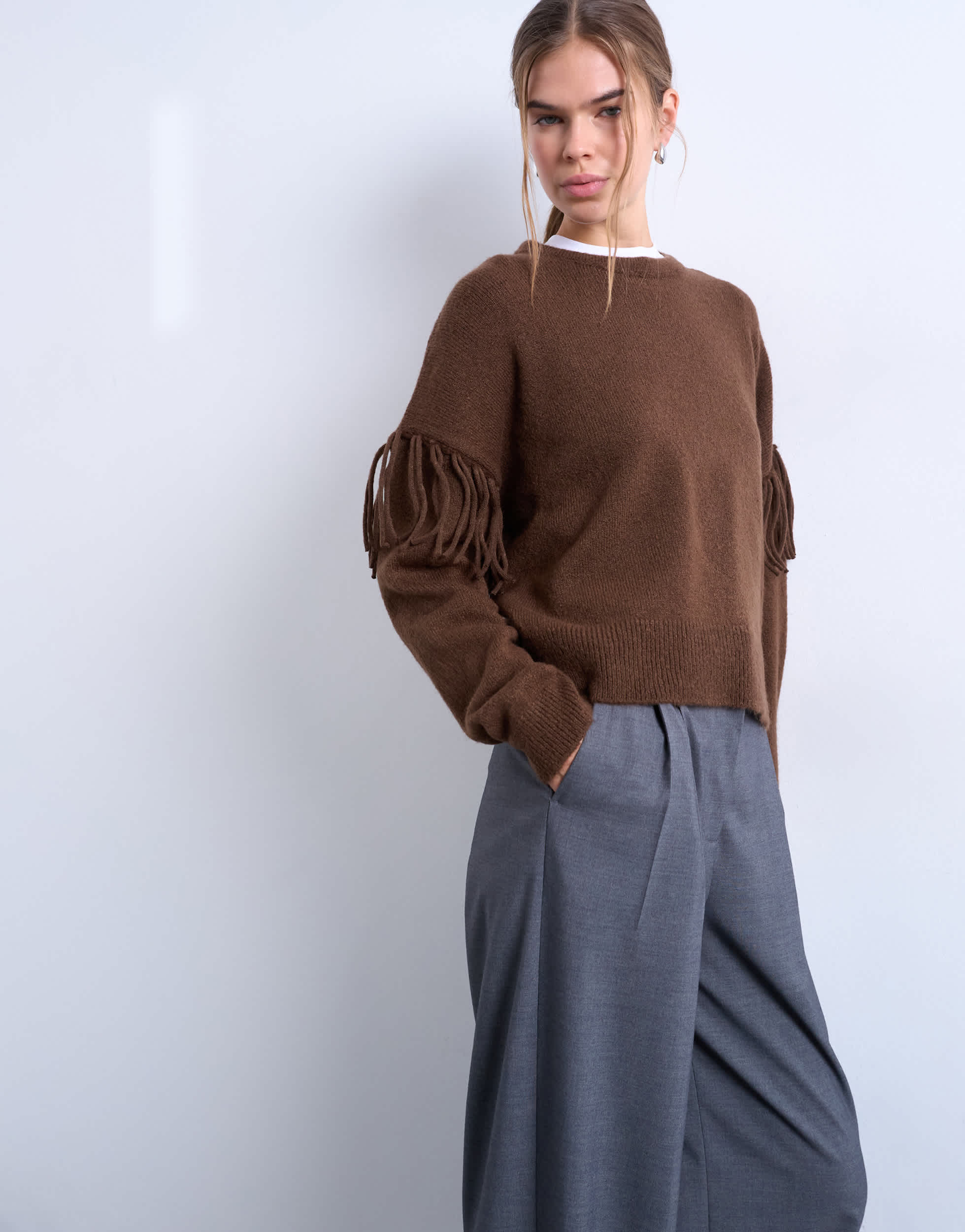 Pull Topshop en maille à franges, couleur chocolat
