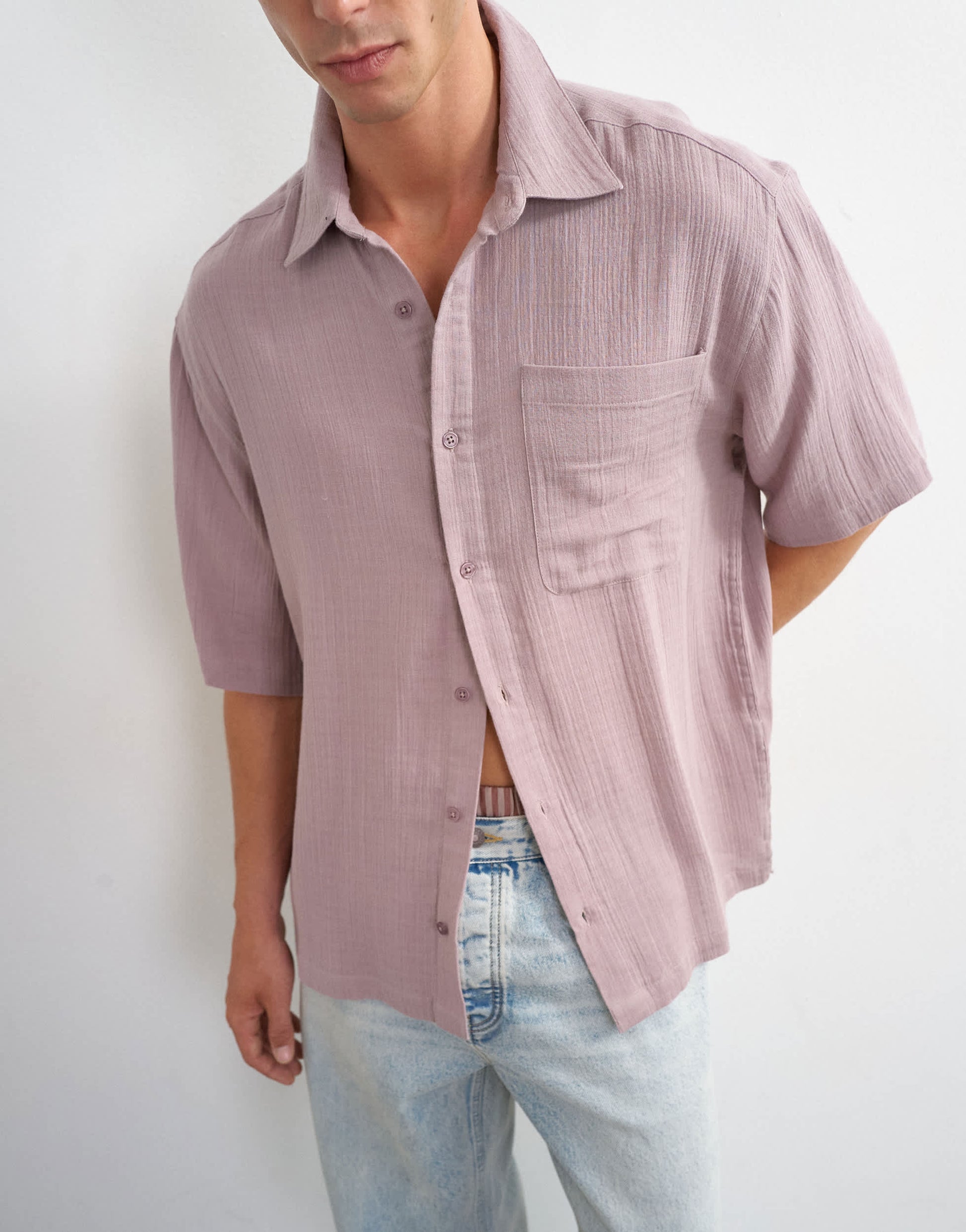 Topman oversized fit textured cheesecloth short sleeve shirt in washed lilac