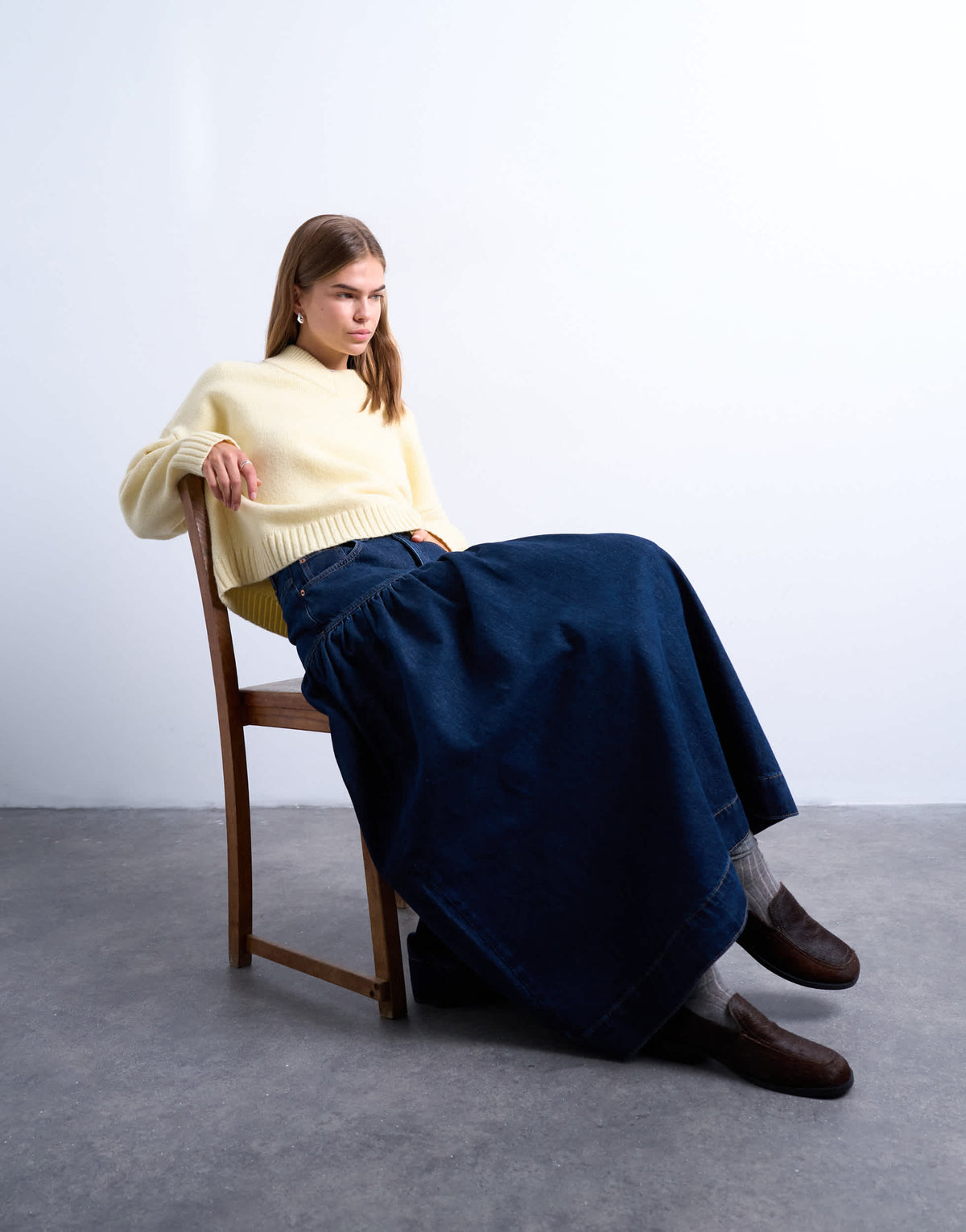 Topshop denim maxi skirt with gathered yoke detail in rich blue