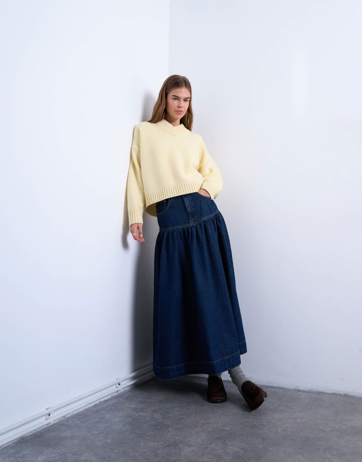 Topshop denim maxi skirt with gathered yoke detail in rich blue