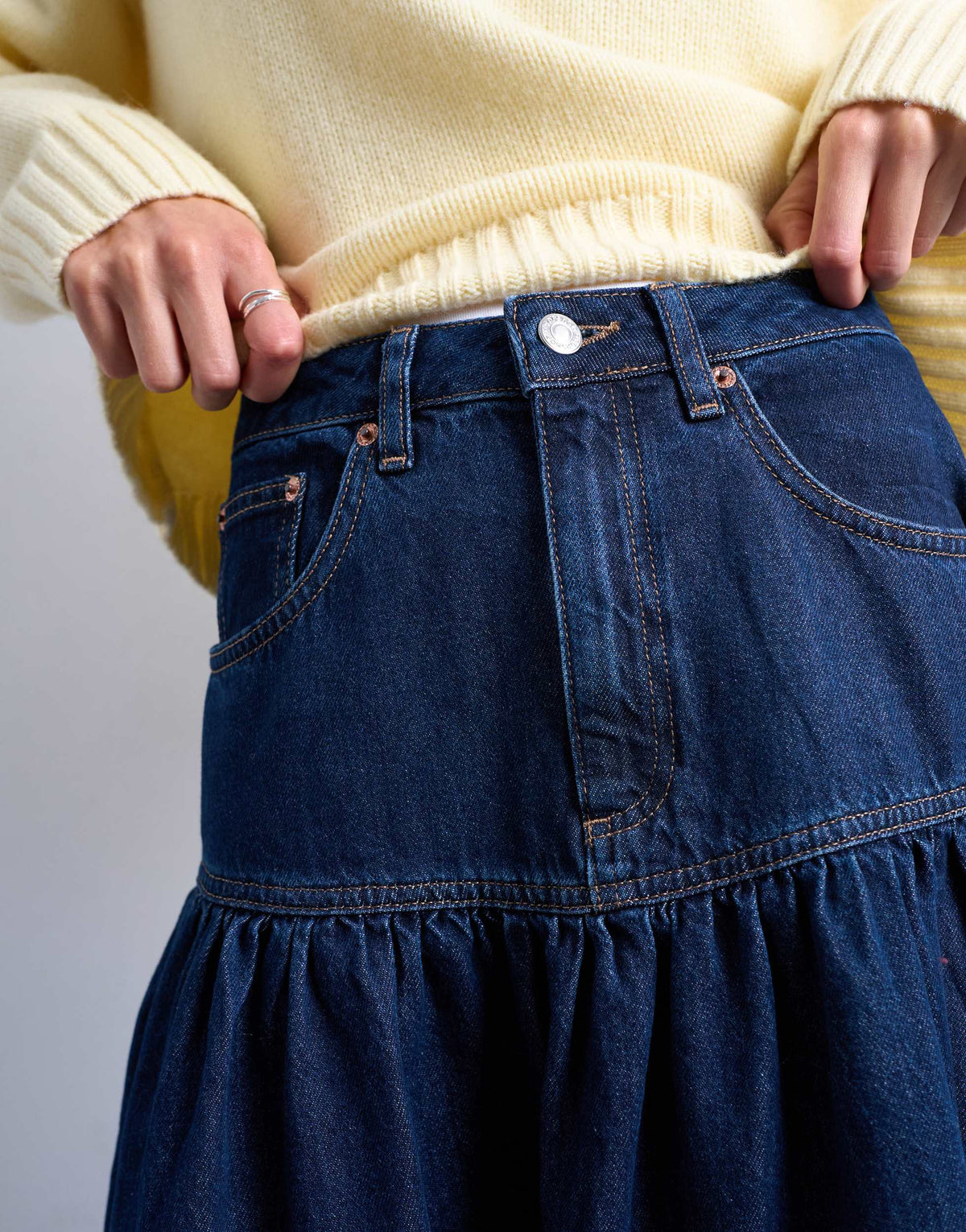 Topshop denim maxi skirt with gathered yoke detail in rich blue
