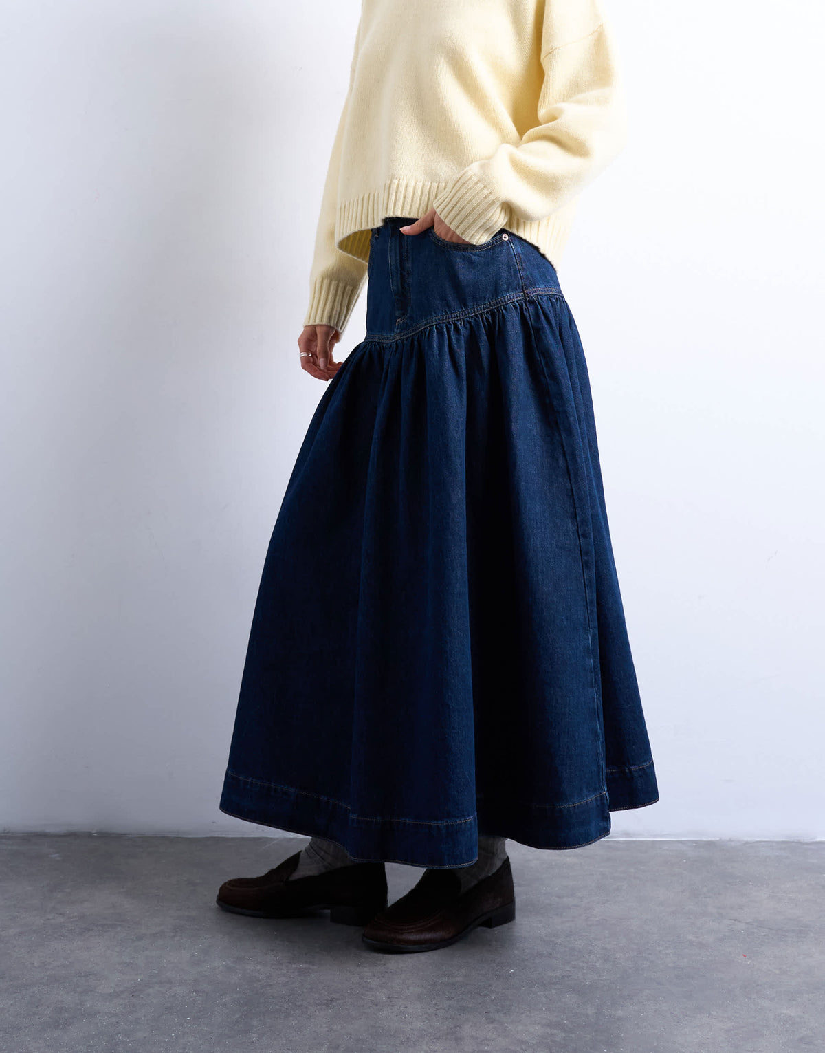 Topshop denim maxi skirt with gathered yoke detail in rich blue