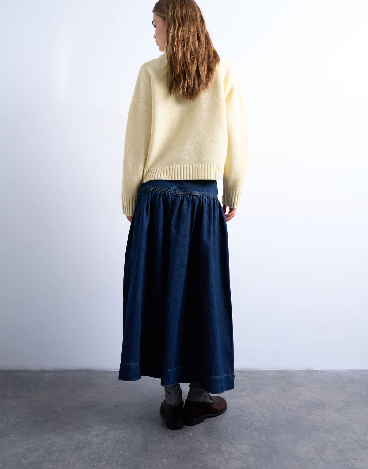 Topshop denim maxi skirt with gathered yoke detail in rich blue