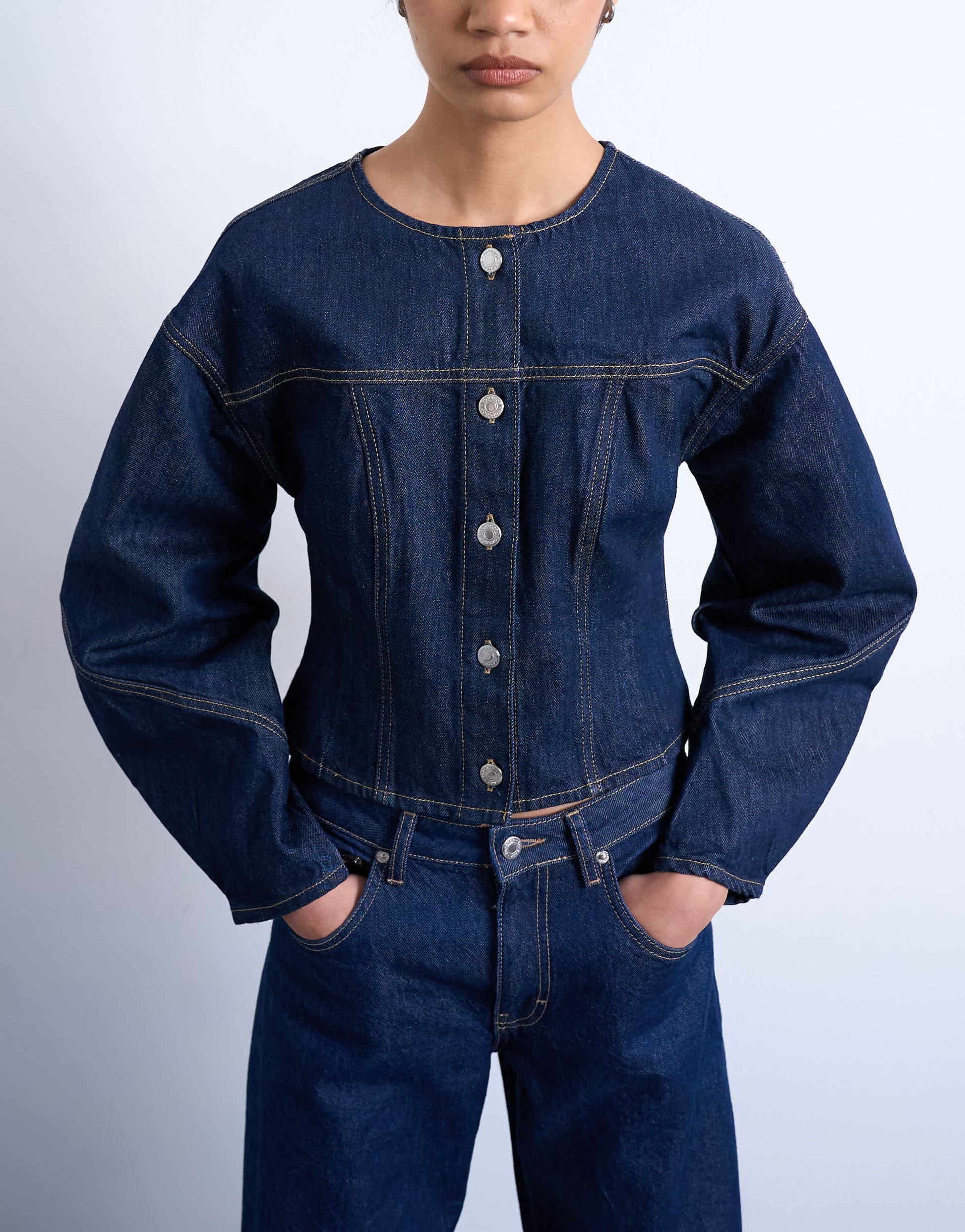 Topshop denim cinch back shirt with ovoid sleeve in rinse