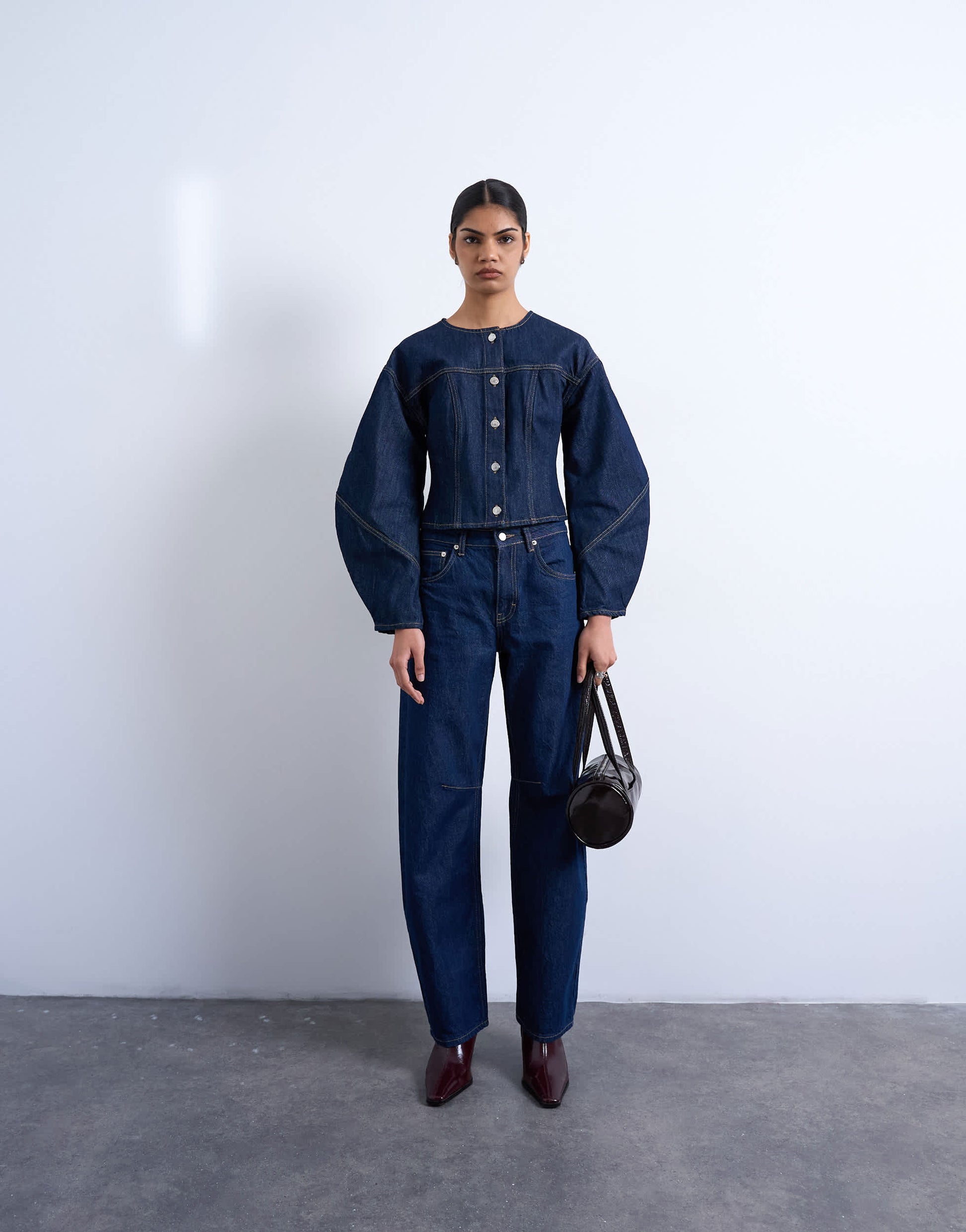 Topshop denim cinch back shirt with ovoid sleeve in rinse
