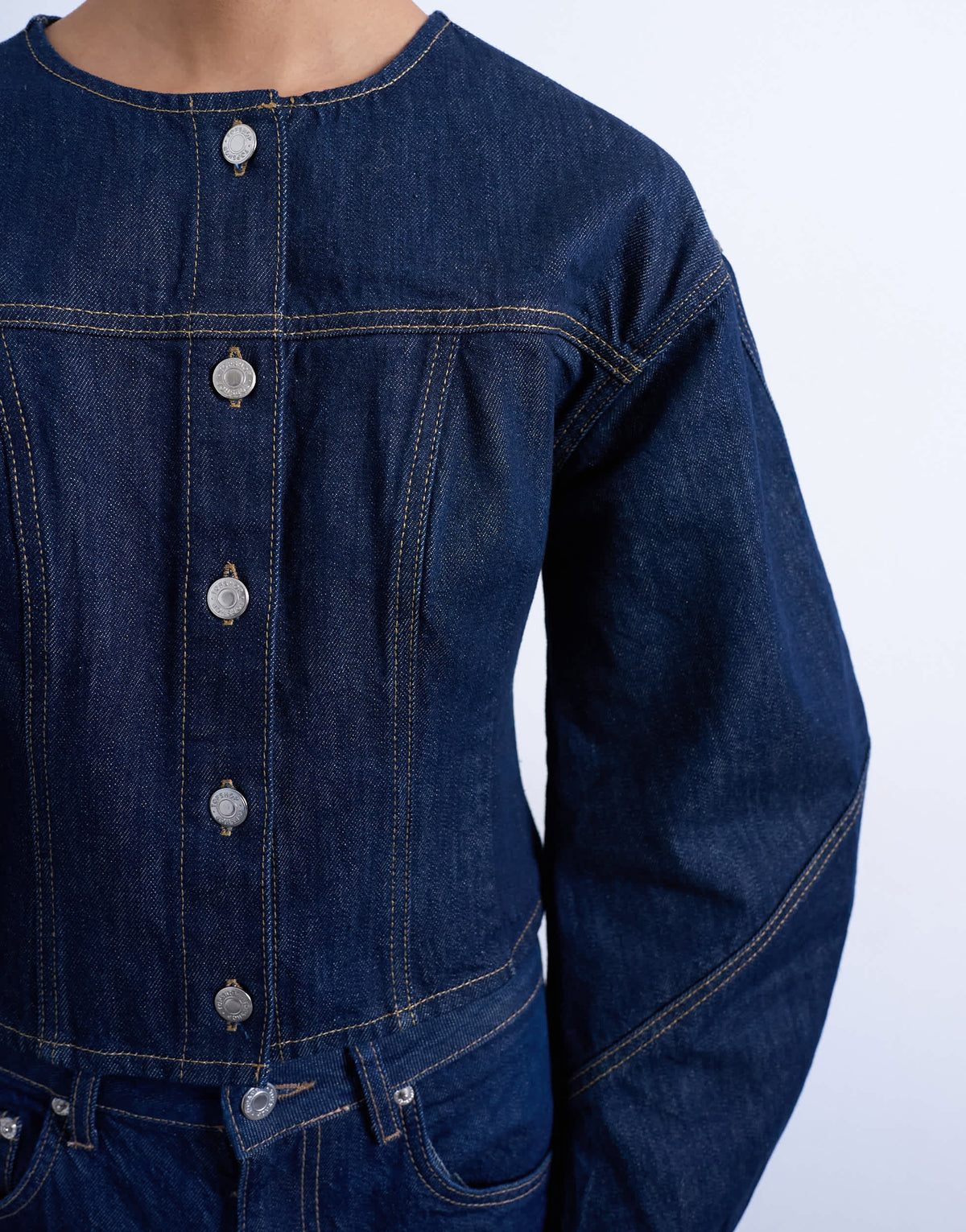 Topshop denim cinch back shirt with ovoid sleeve in rinse