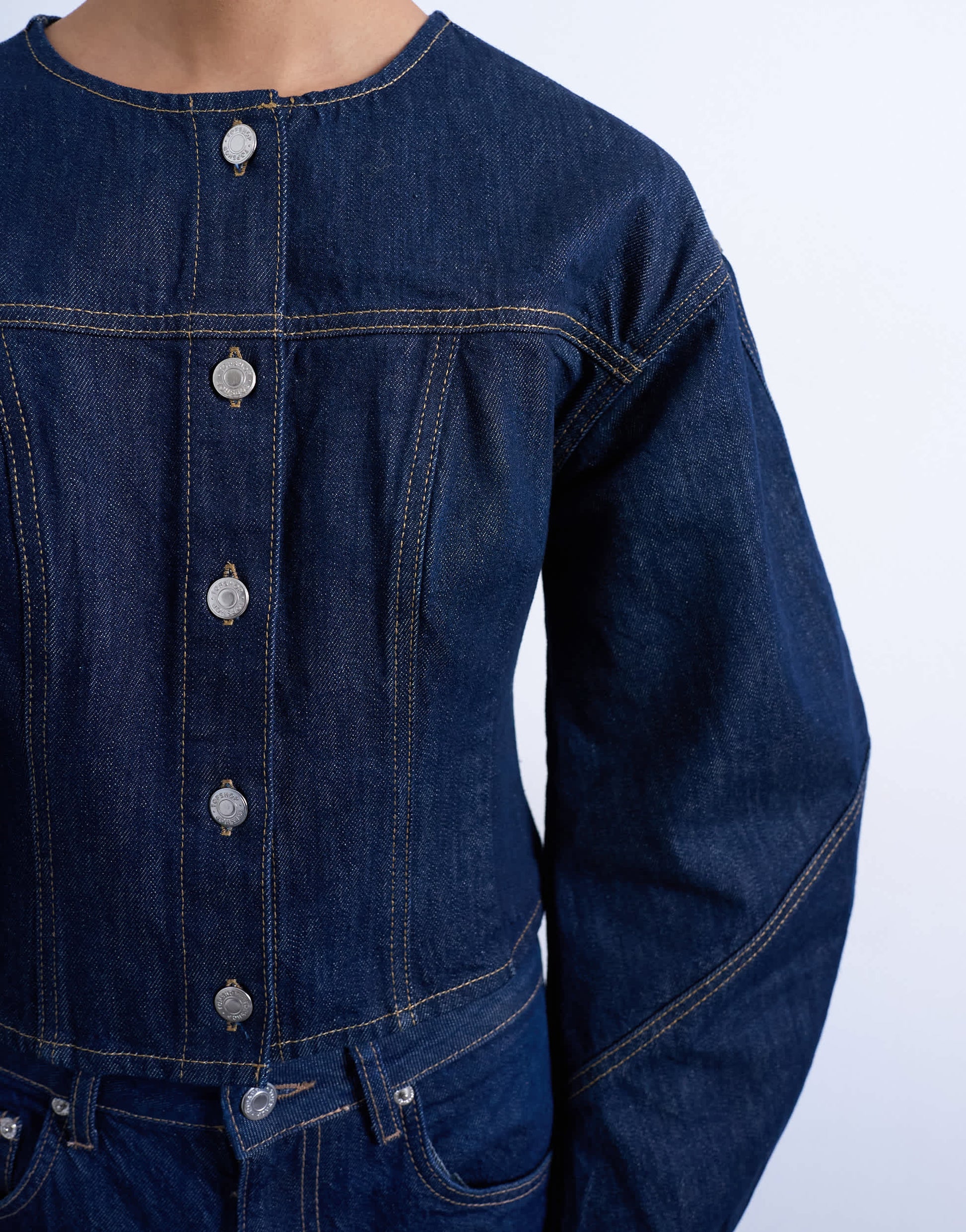 Topshop denim cinch back shirt with ovoid sleeve in rinse