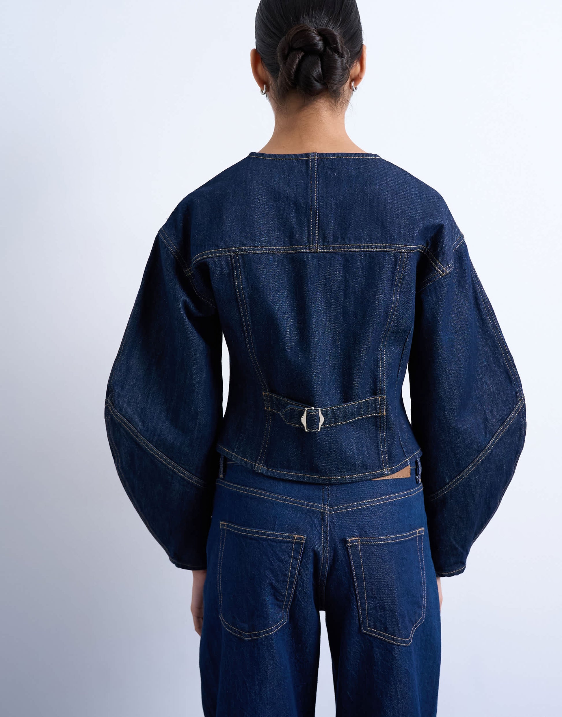 Topshop denim cinch back shirt with ovoid sleeve in rinse
