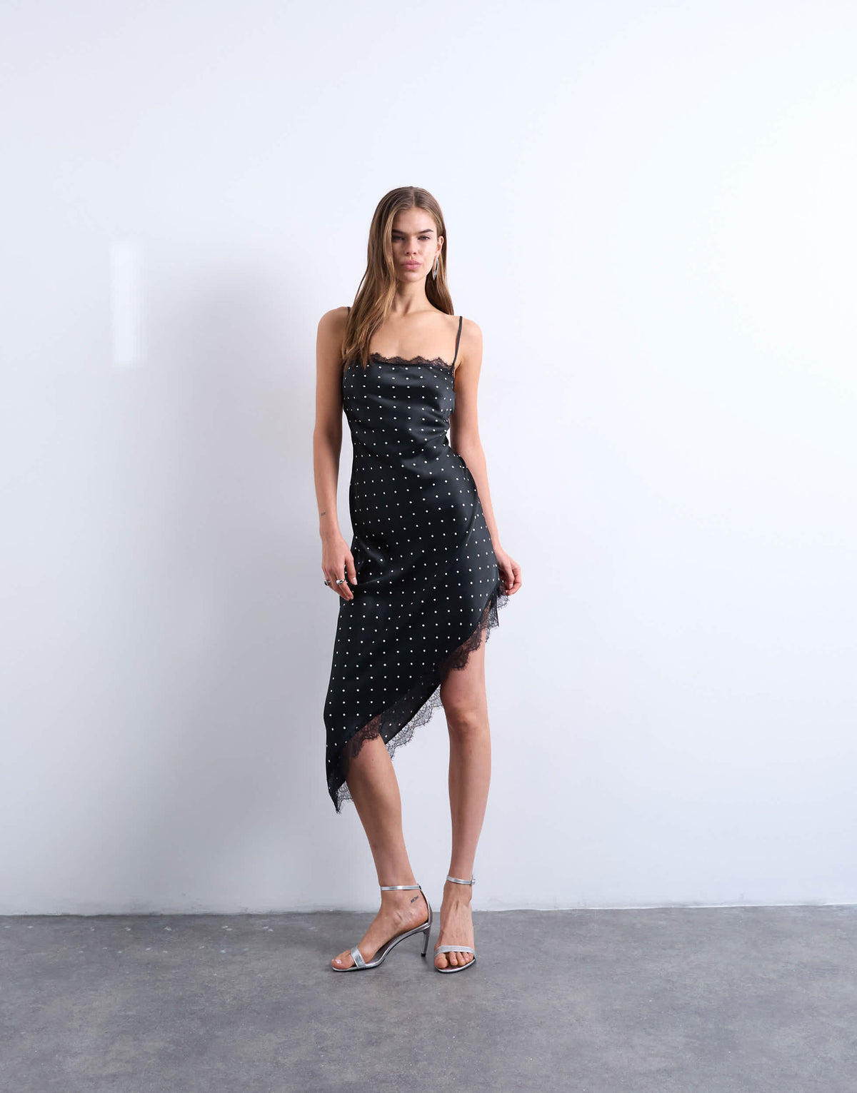 Topshop satin asymmetric lace trim midi slip dress in black polka dot