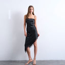 Topshop satin asymmetric lace trim midi slip dress in black polka dot