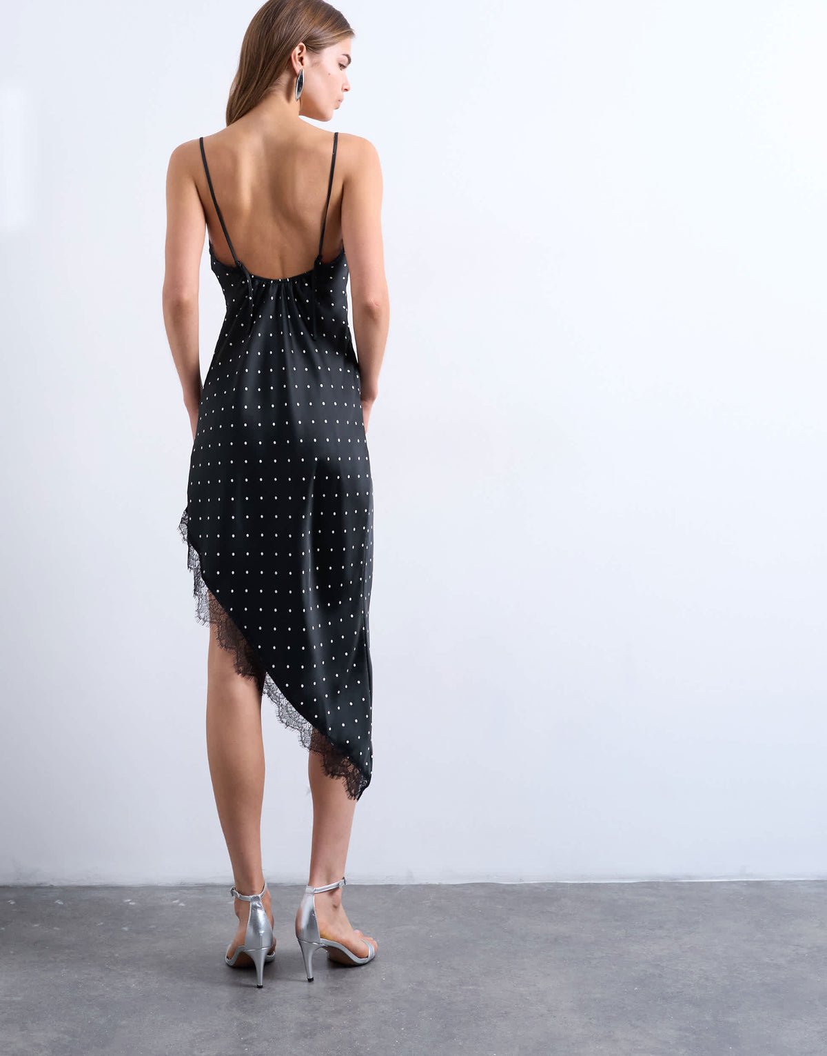 Topshop satin asymmetric lace trim midi slip dress in black polka dot