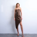 Topshop satin asymmetric lace trim midi slip dress in chocolate