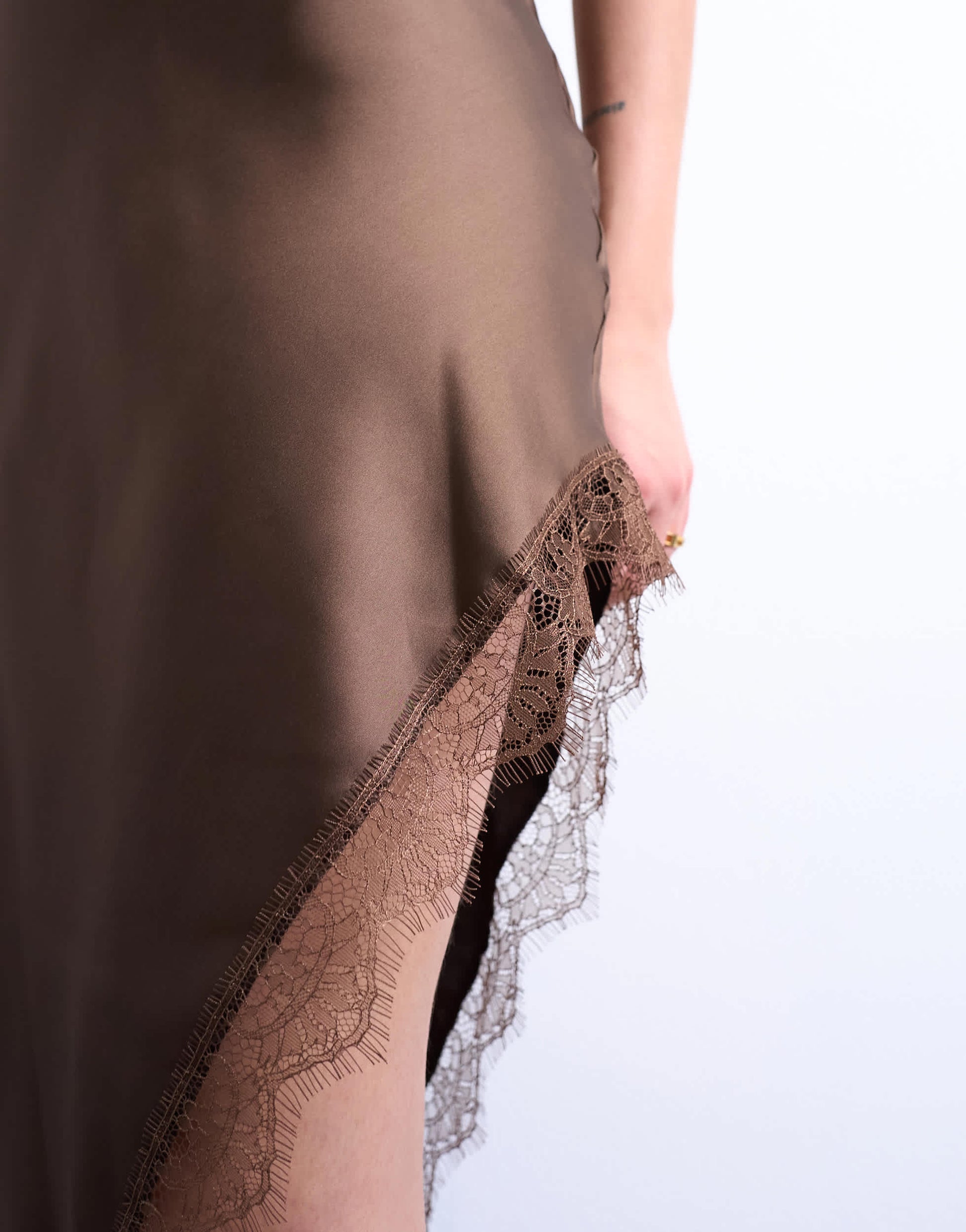 Topshop satin asymmetric lace trim midi slip dress in chocolate