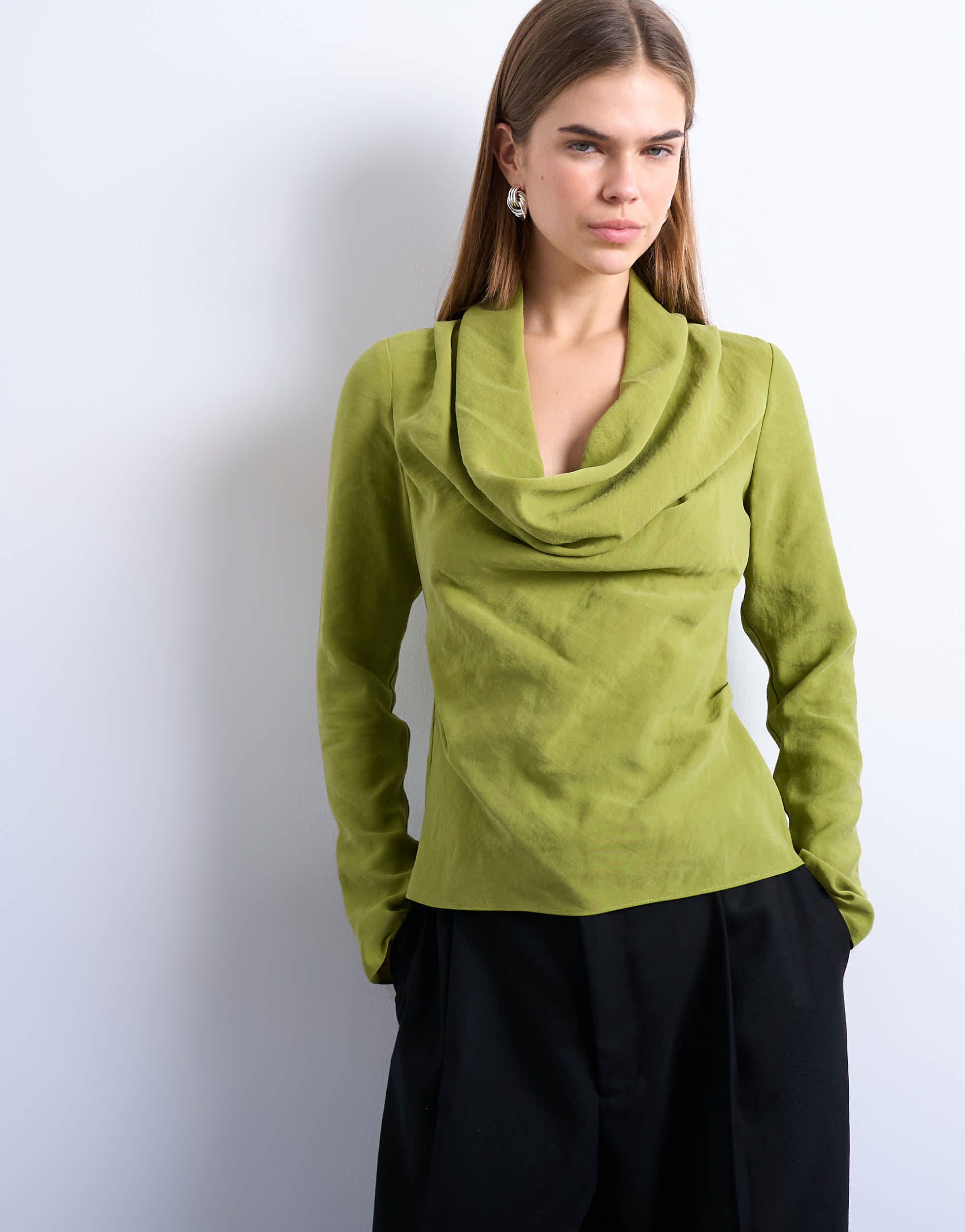 Topshop long sleeve cowl neck curpro top in green