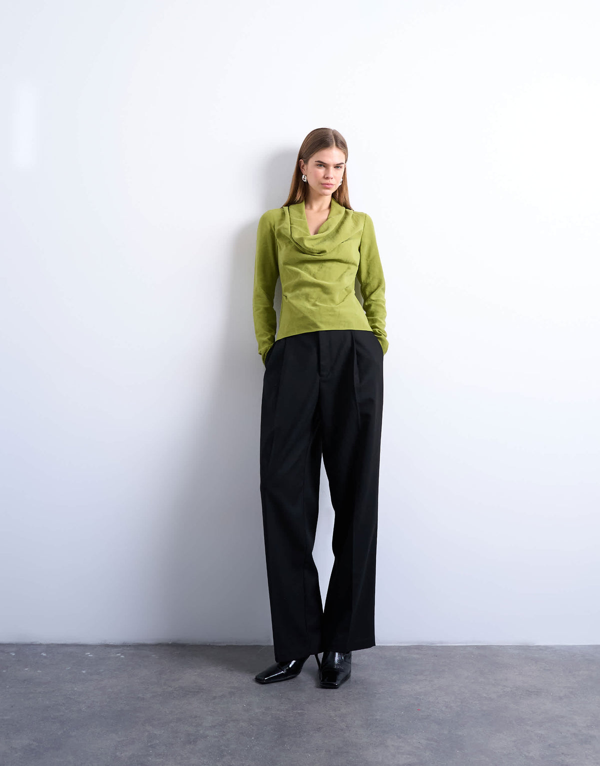 Topshop long sleeve cowl neck curpro top in green