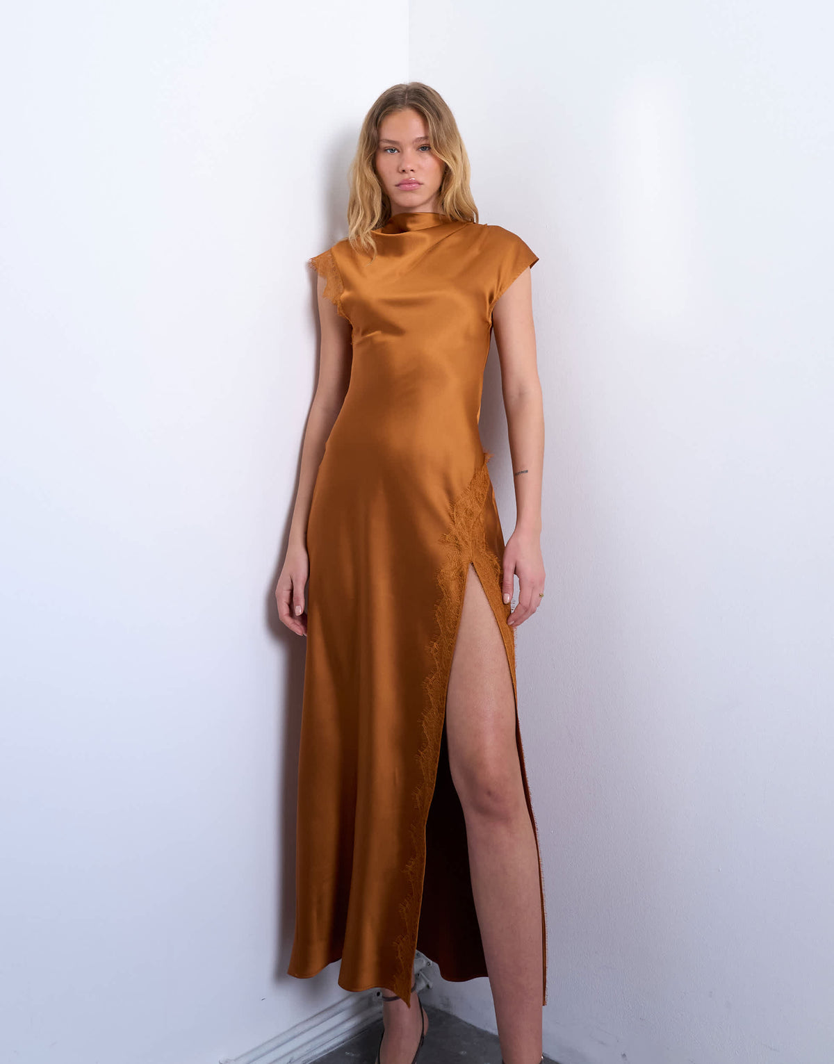 Topshop satin drape neck maxi dress with lace trim in caramel