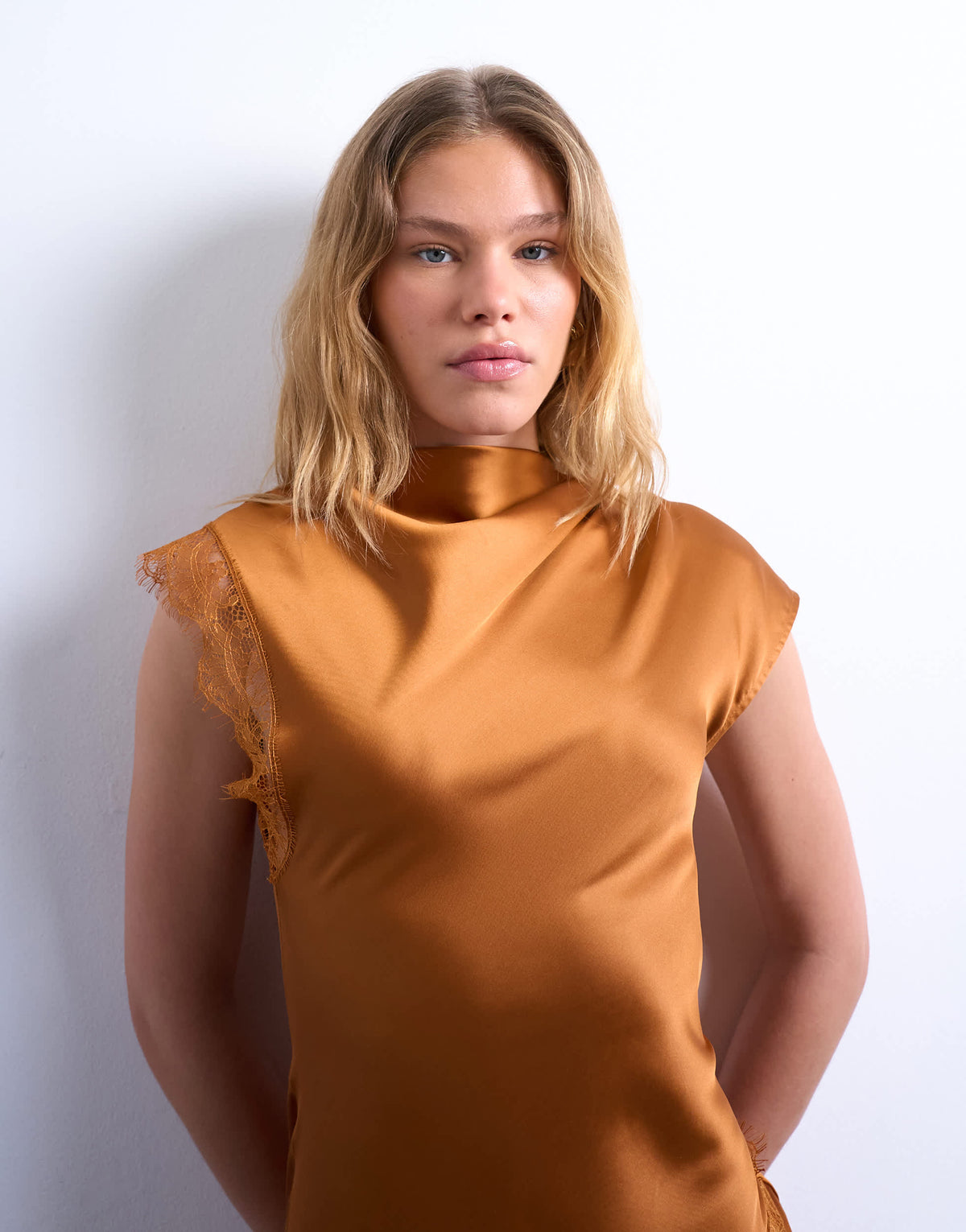 Topshop satin drape neck maxi dress with lace trim in caramel