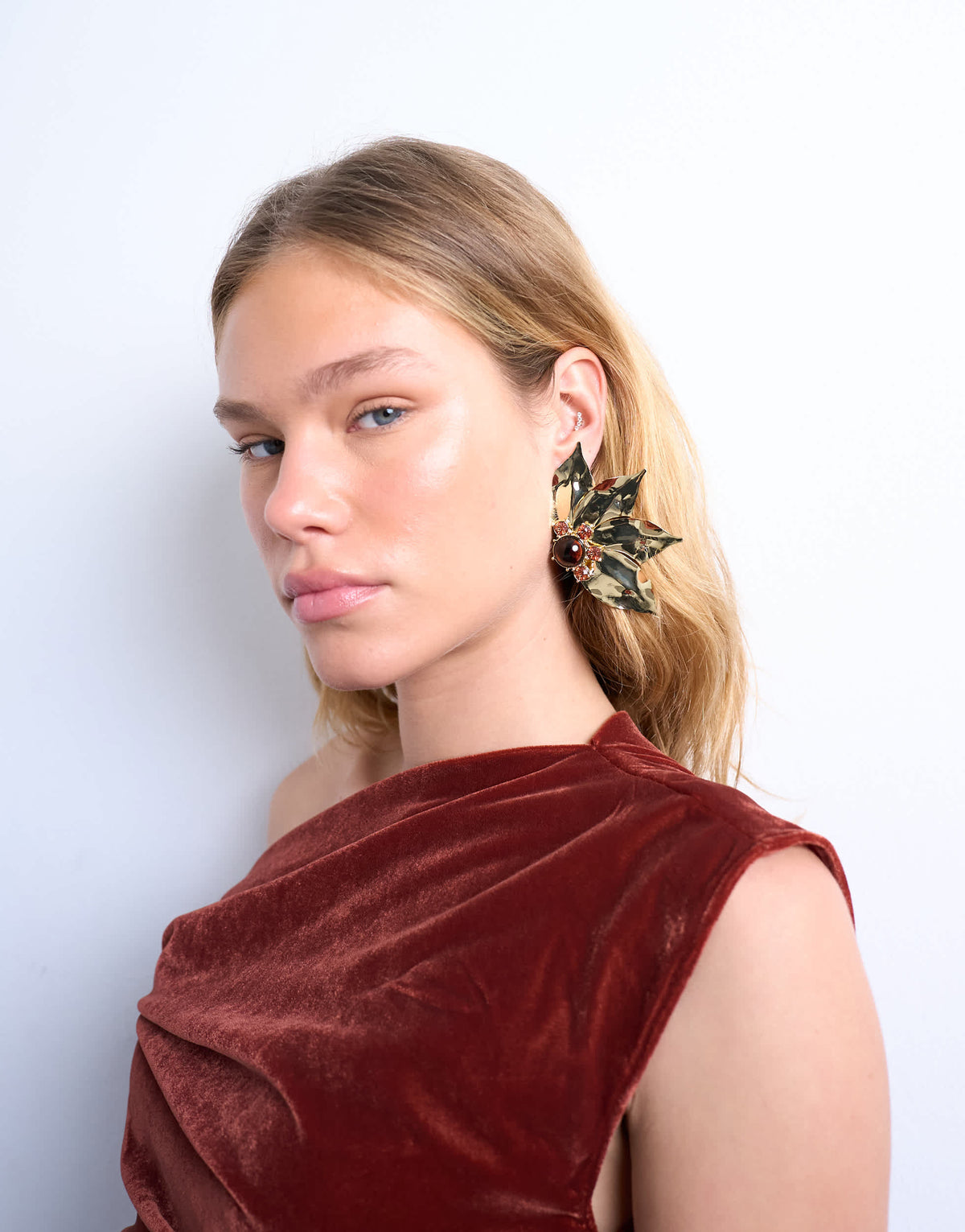 Topshop Enzo floral statement stud earring in gold