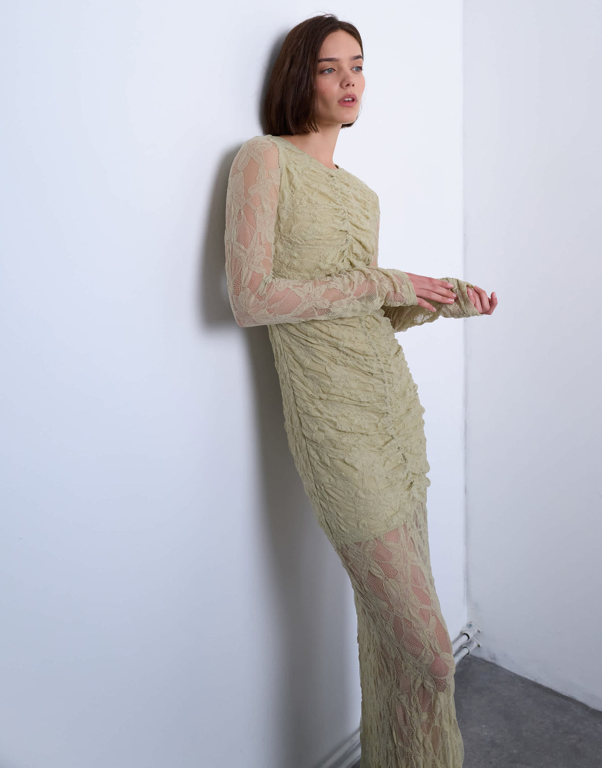 Topshop lace ruched front drop waist maxi dress in green