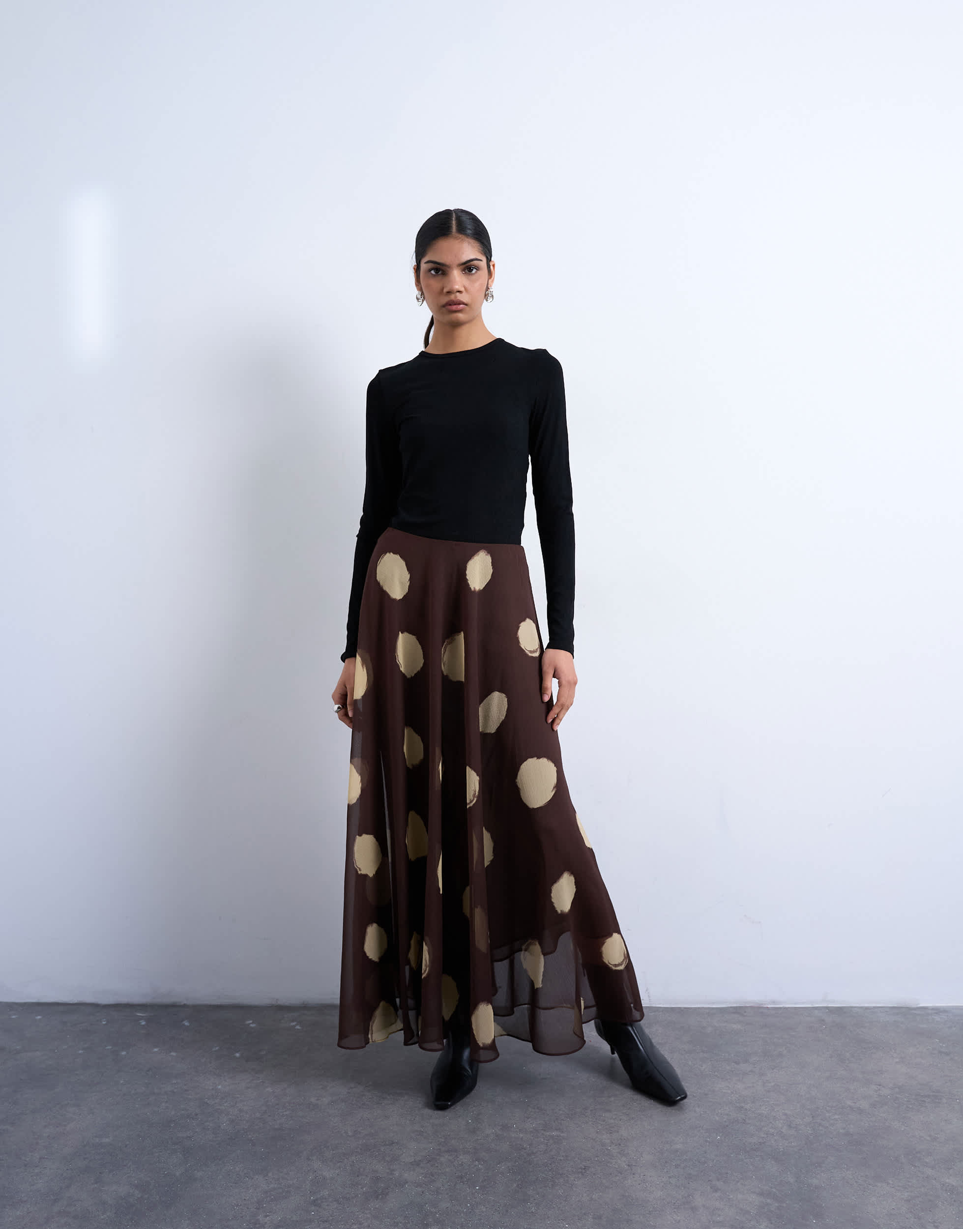 Topshop Chiffon full maxi skirt in choc spot