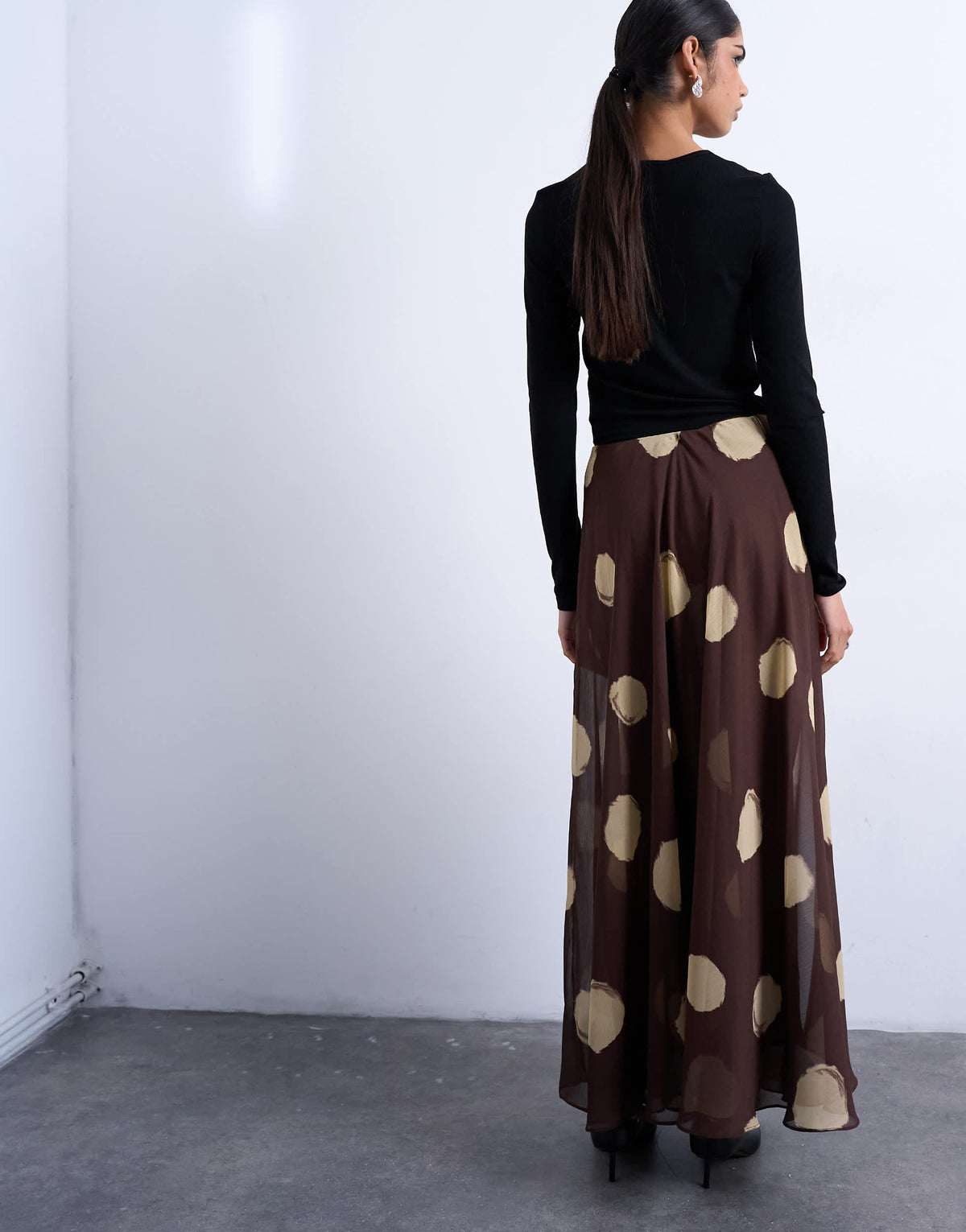 Topshop Chiffon full maxi skirt in choc spot