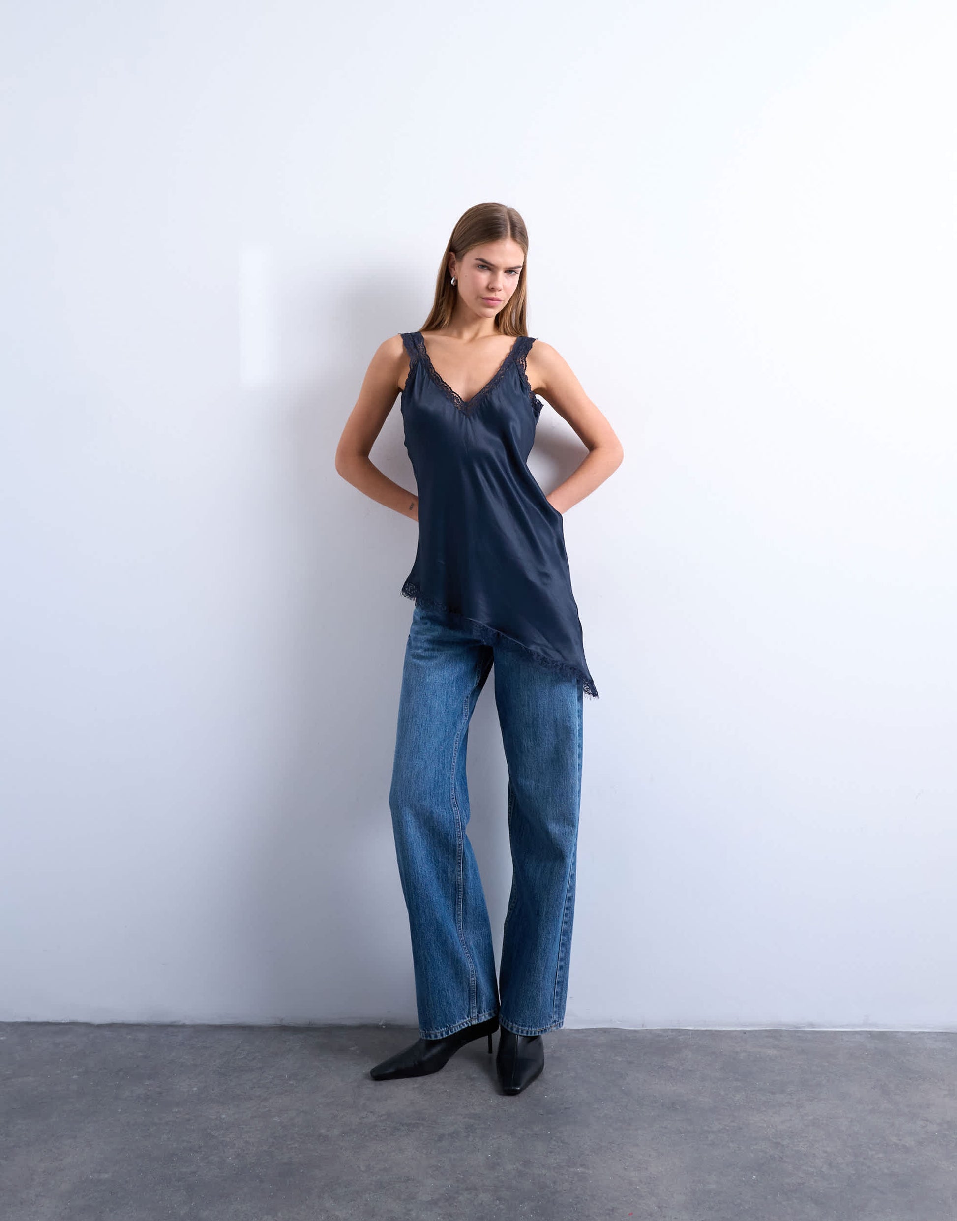 Topshop satin lace insert tunic top in navy