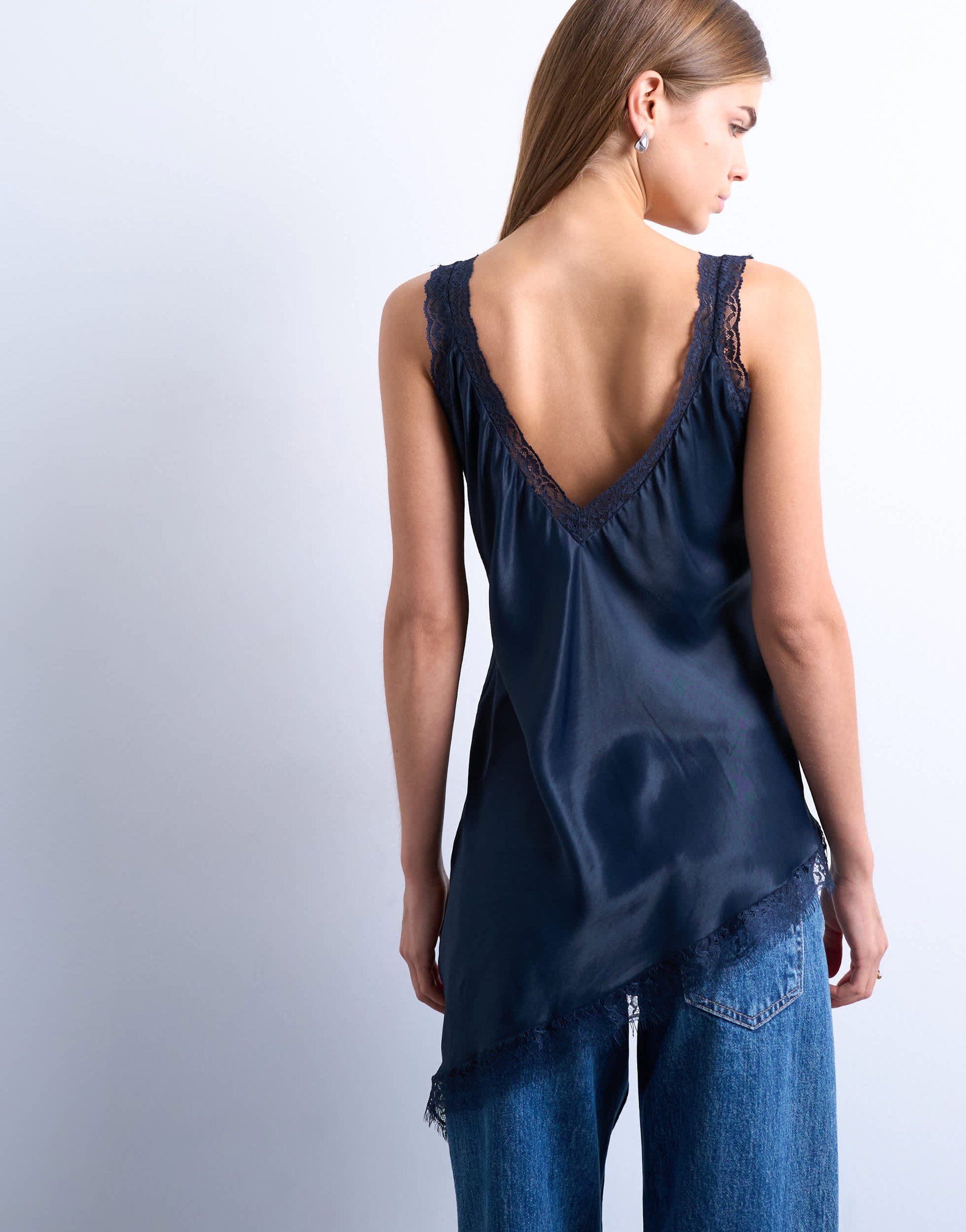 Topshop satin lace insert tunic top in navy