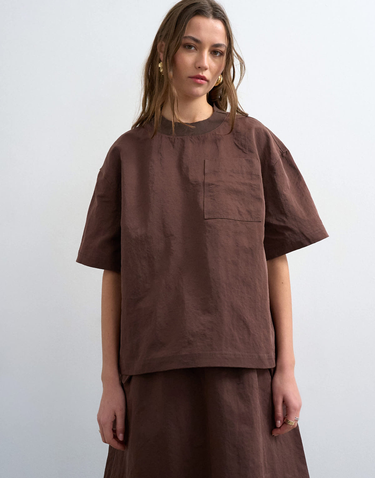 Topshop structured woven tee in chocolate