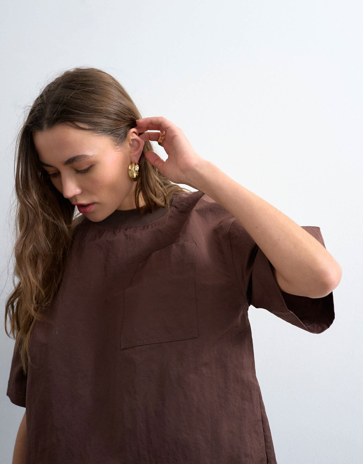 Topshop structured woven tee in chocolate