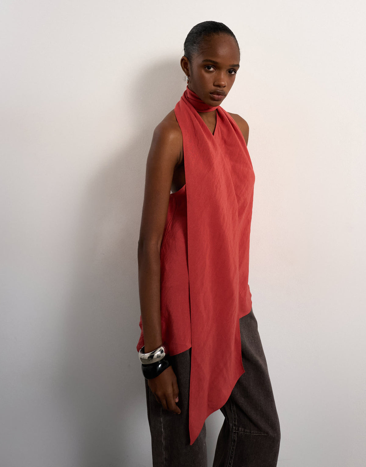 Topshop halter scarf detail top in rust