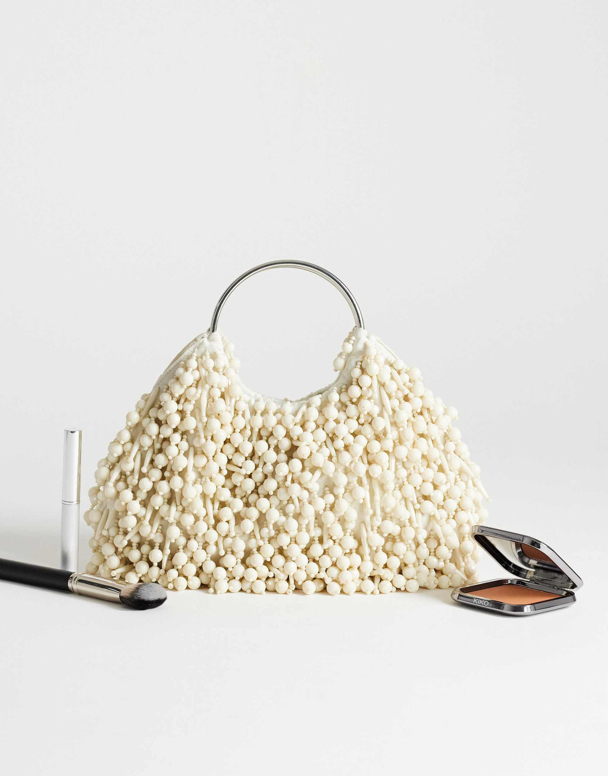 Topshop Hunter bead grab bag with metal handle in ivory