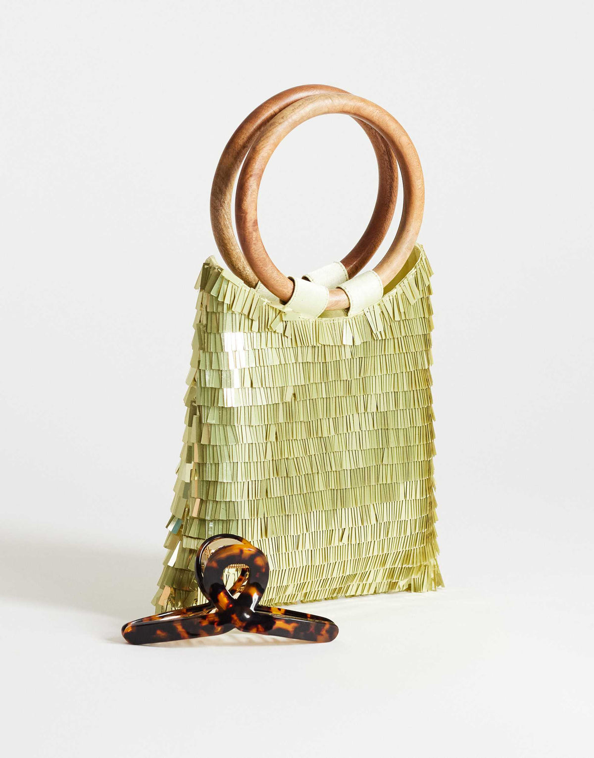 Topshop Holly sequin grab bag with wooden handle in lime