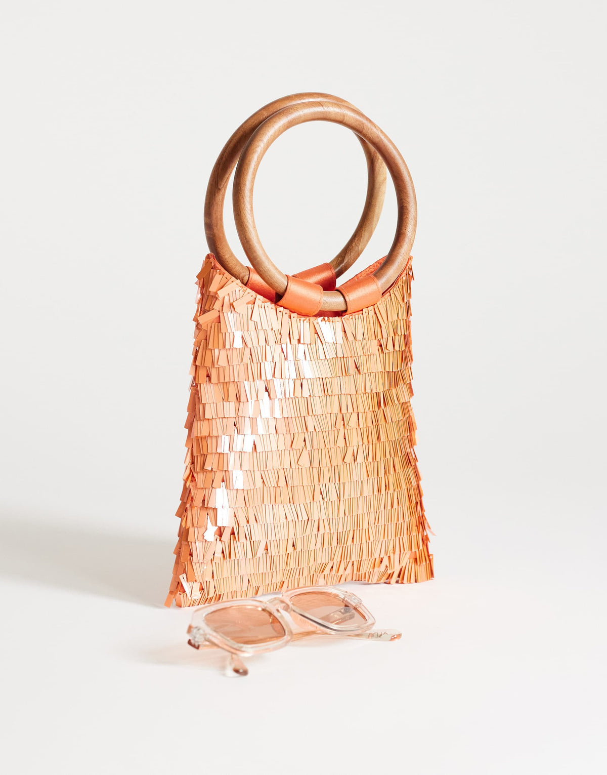 Topshop Holly sequin grab bag with wooden handle in coral
