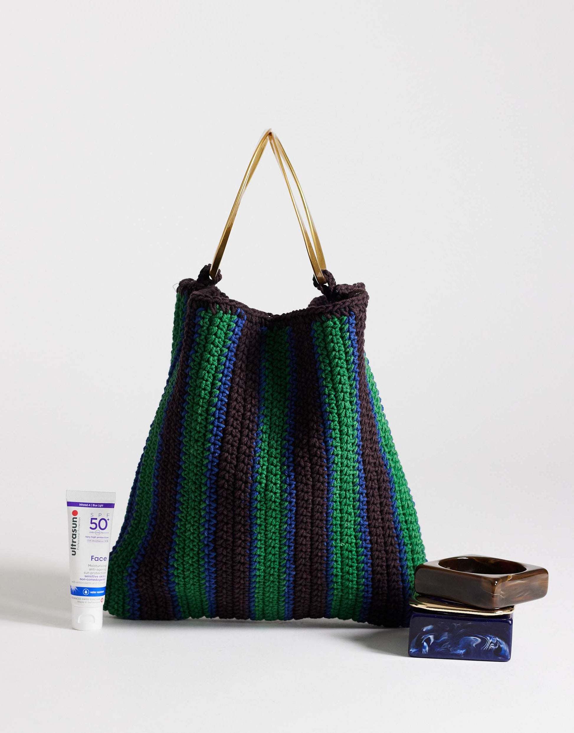 Topshop Carlie metal handle stripe crochet bag in green stripe