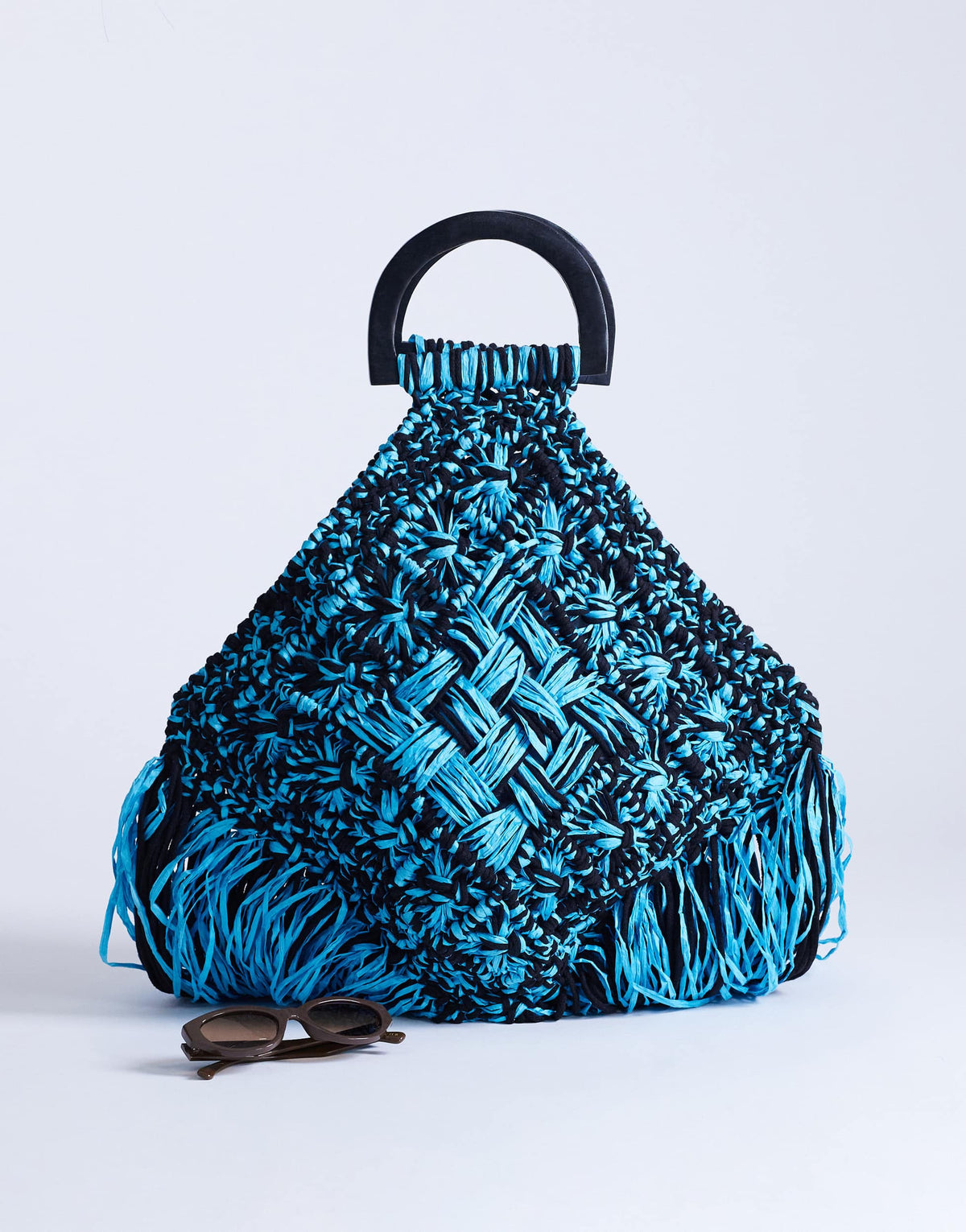 Topshop Hugo weave tassel straw bag in blue & black