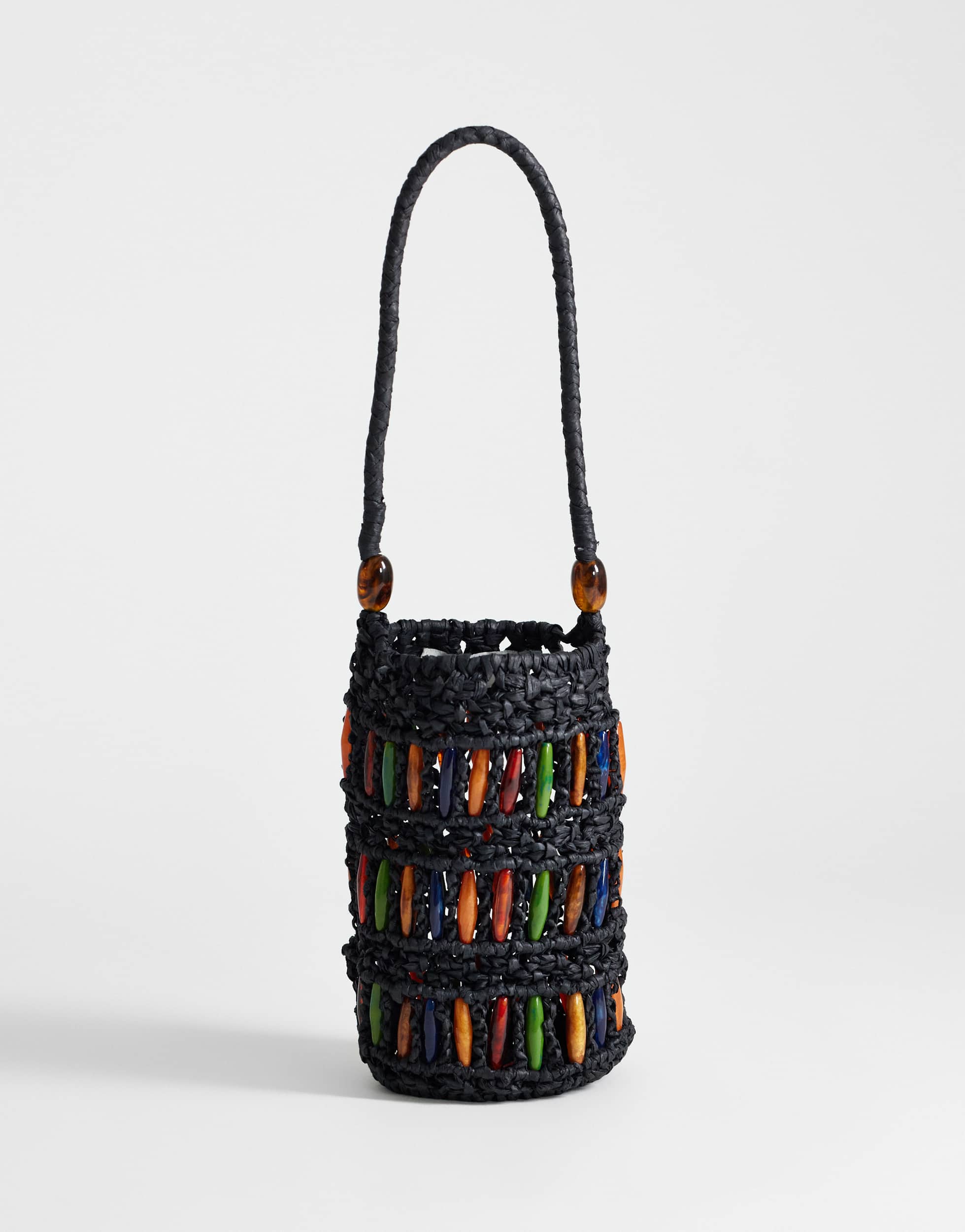 Topshop Harley raffia grab bag with beads in black & multi