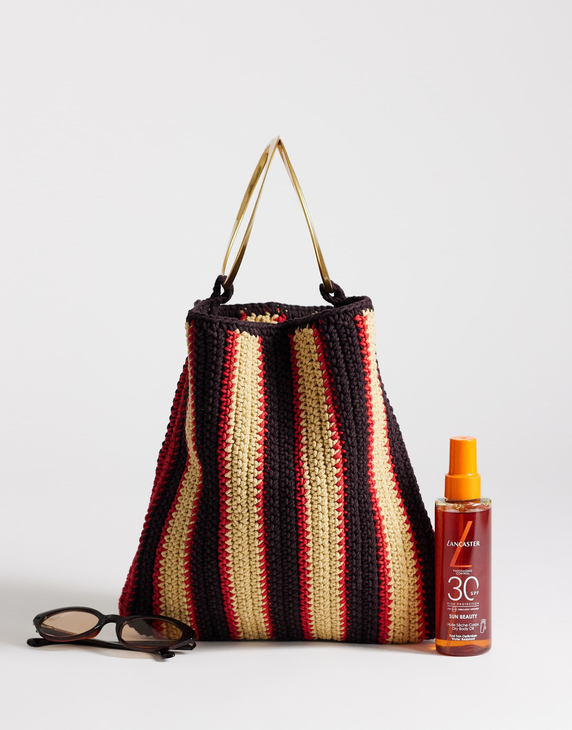 Topshop Carlie metal handle stripe crochet bag in chocolate stripe