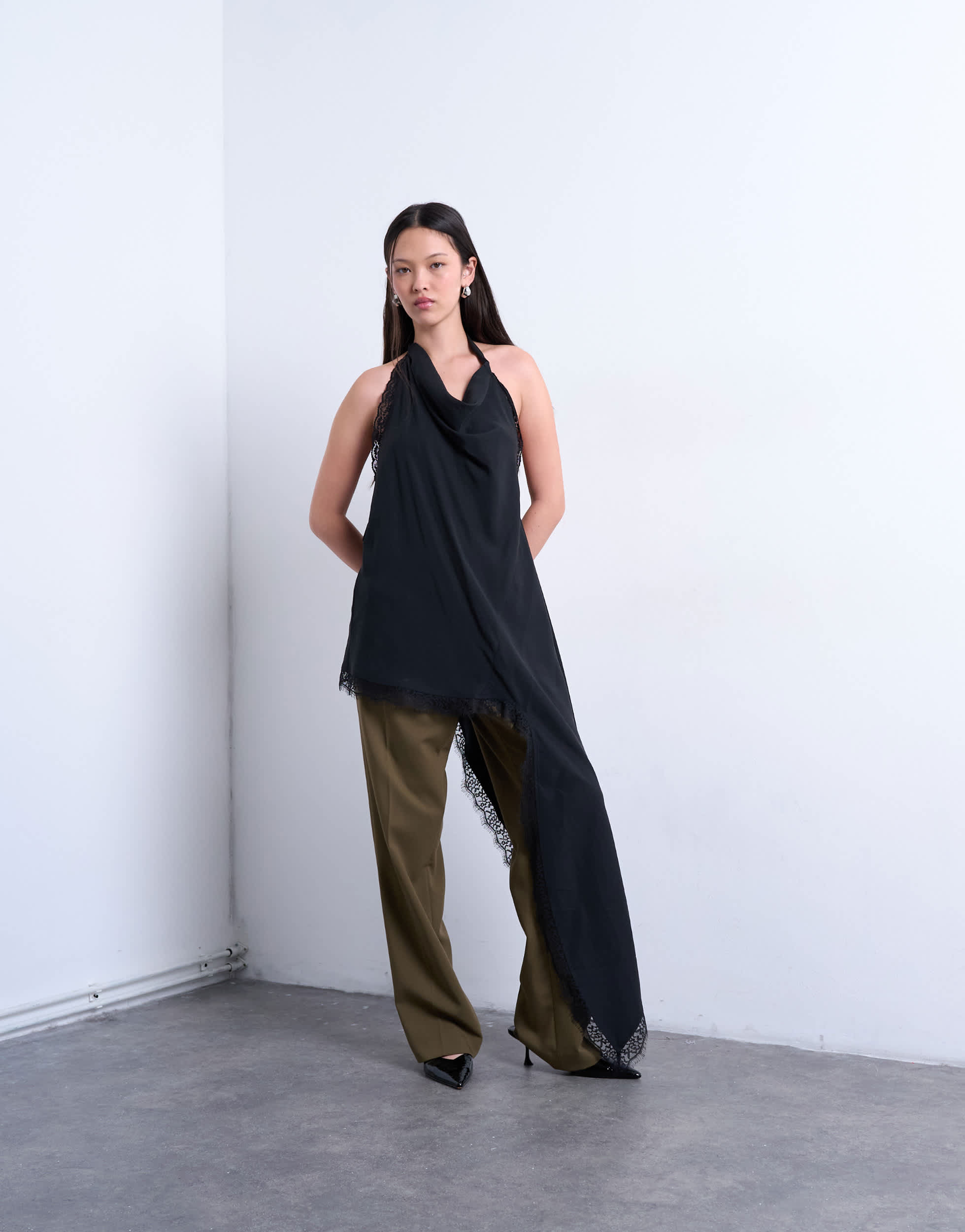 Topshop cupro asymmetrical lace halter top in black