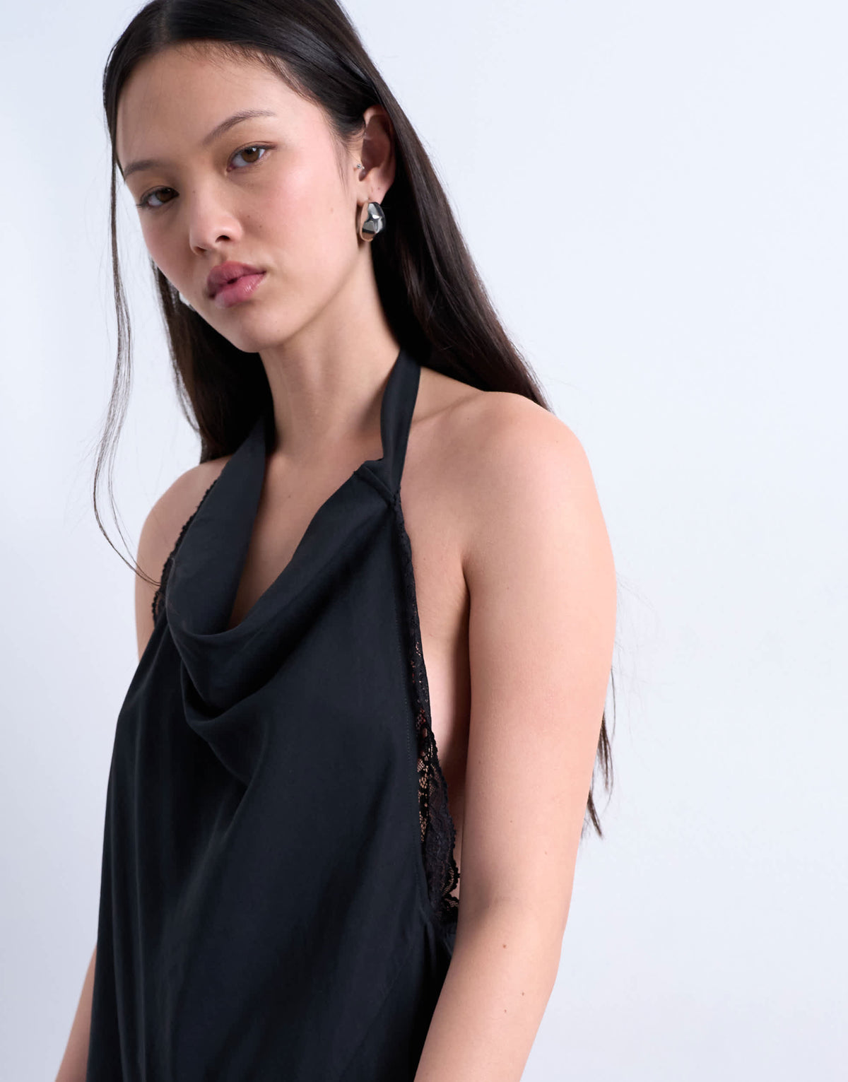 Topshop cupro asymmetrical lace halter top in black