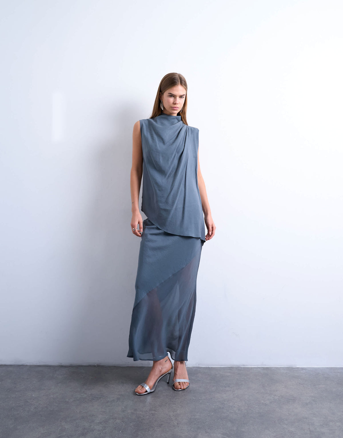 Topshop mixed fabric satin bias skirt in blue