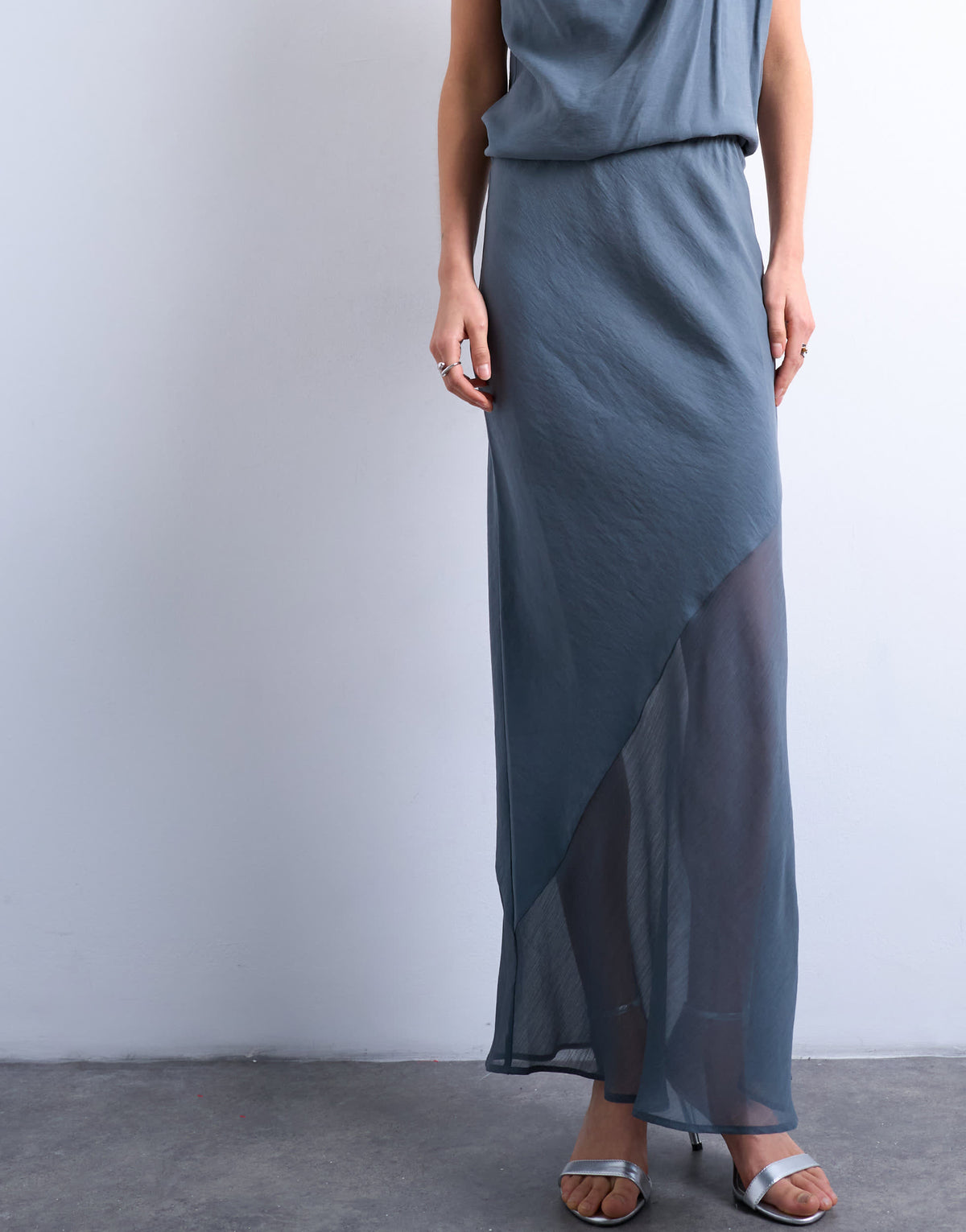 Topshop mixed fabric satin bias skirt in blue