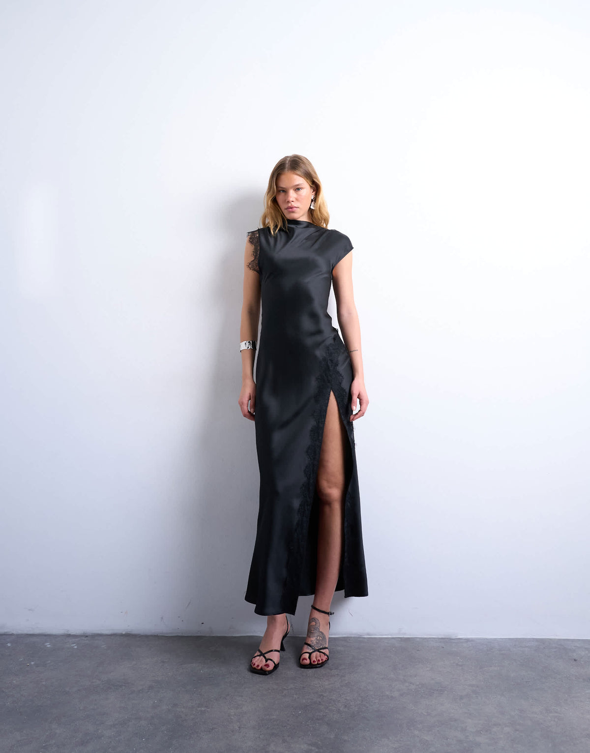 Topshop satin drape neck maxi dress with lace trim in black