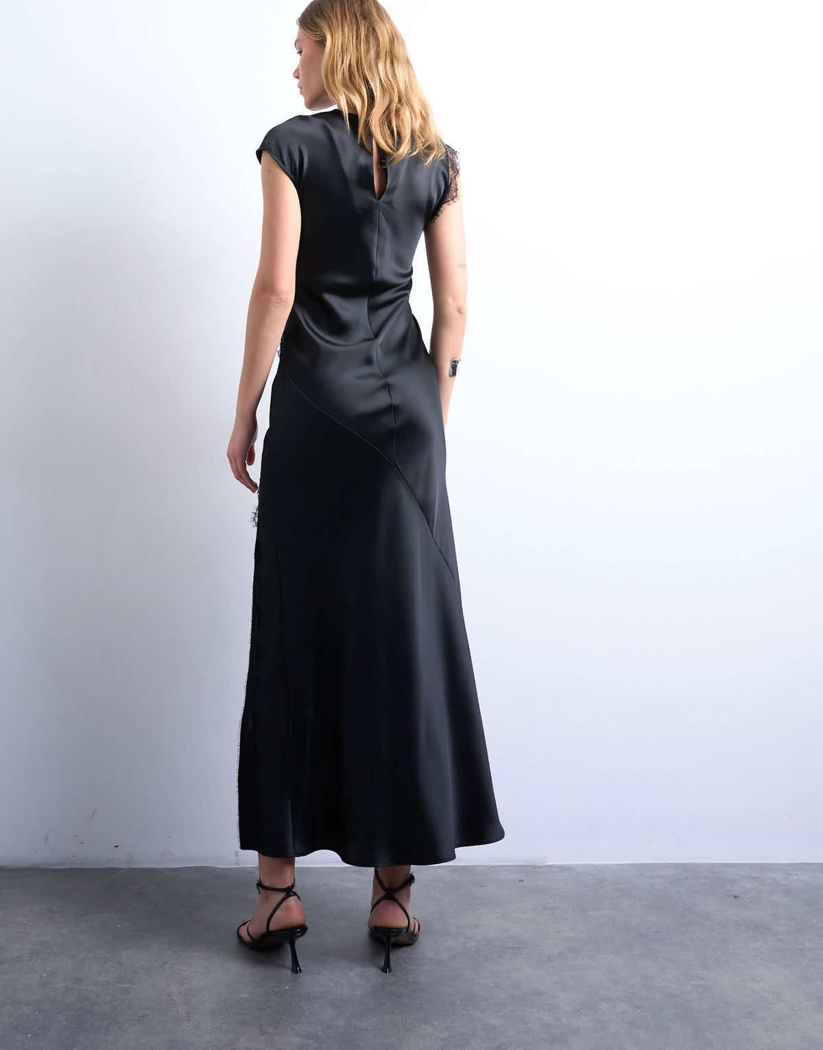 Topshop satin drape neck maxi dress with lace trim in black